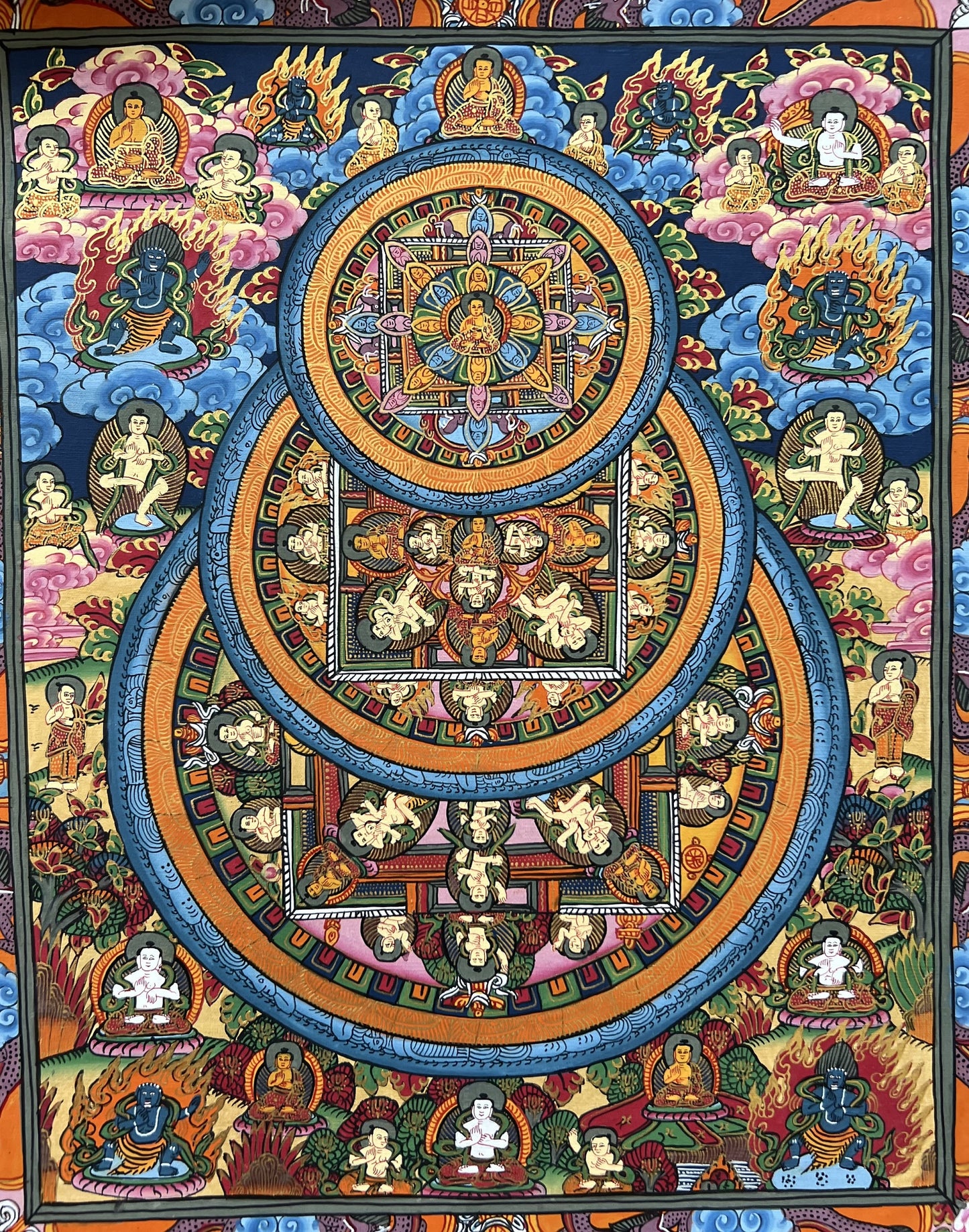 Hand-Painted Wheel of Life/ Buddha Life  Mandala Tibetan Thangka Painting Original Art  with High-Quality Silk Brocade