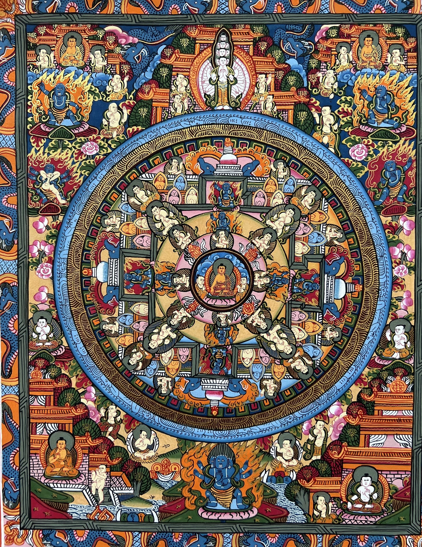 Hand-Painted Wheel of Life/ Buddha Life Bhavachakra  Mandala Tibetan Thangka Painting Original Art  with High-Quality Silk Brocade