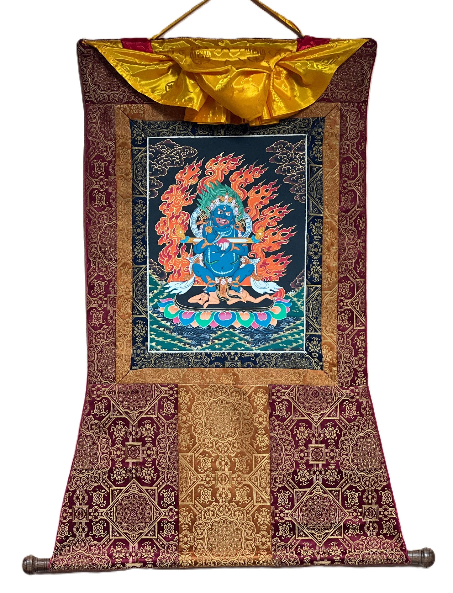 2 Armed Mahakala/ Mahankala / Kalavairava Masterpiece Tibetan Thangka Painting Original Art  with Silk Frame ( Brocade)