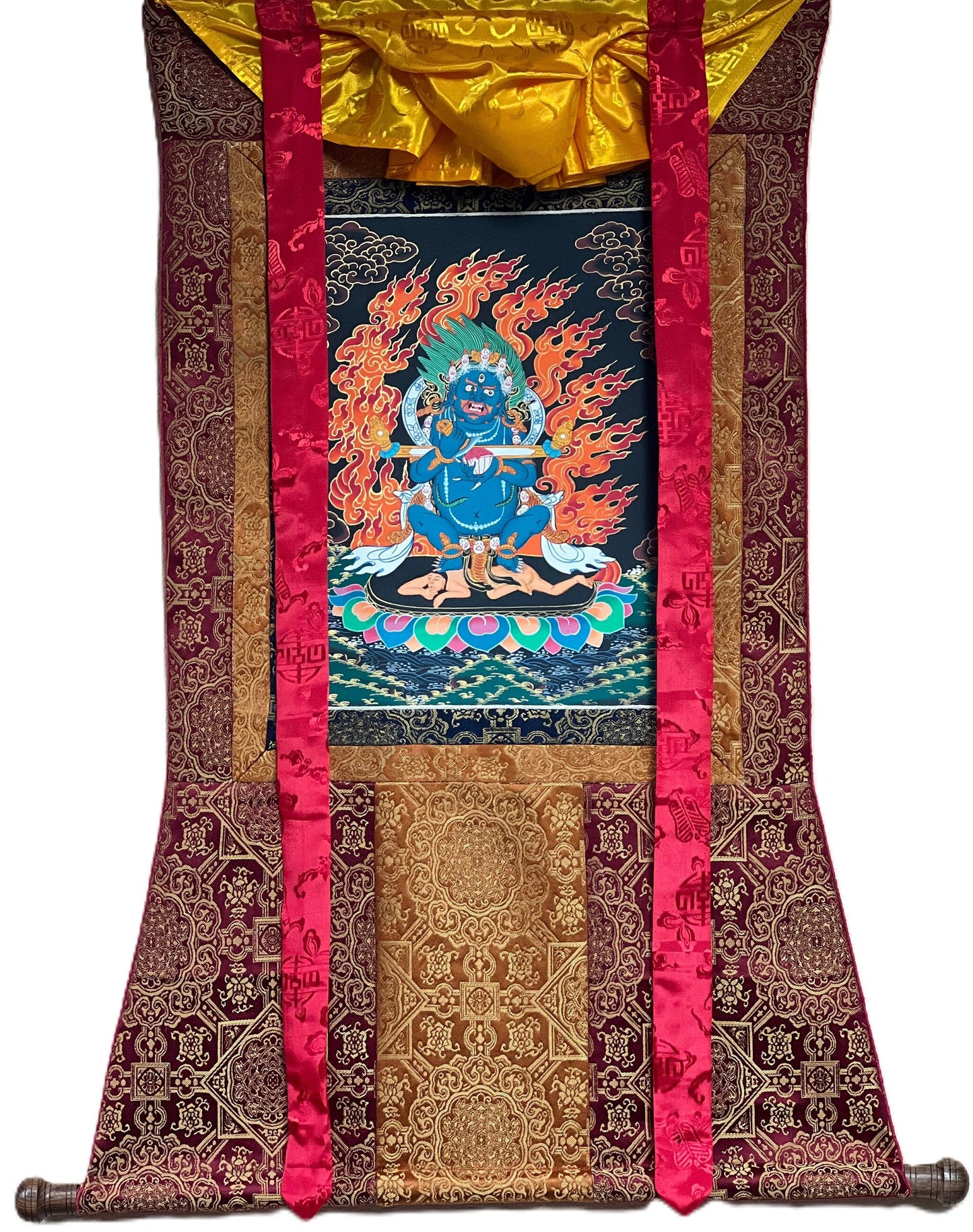 2 Armed Mahakala/ Mahankala / Kalavairava Masterpiece Tibetan Thangka Painting Original Art  with Silk Frame ( Brocade)