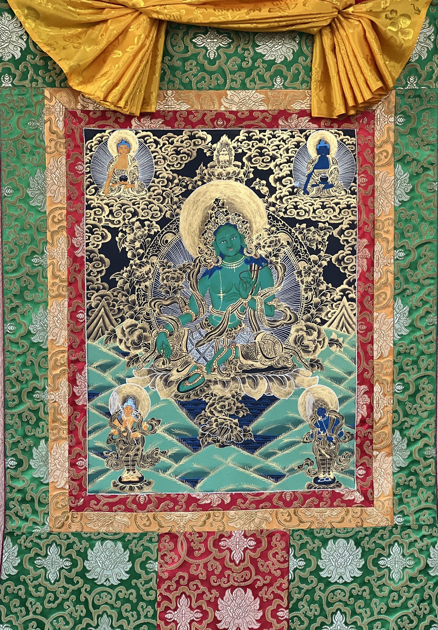 Green  Tara, Shyamatara,  Mother Goddess, Tibetan Thangka Painting, Original, Hand- painted,  Buddhist Art with Silk Brocade