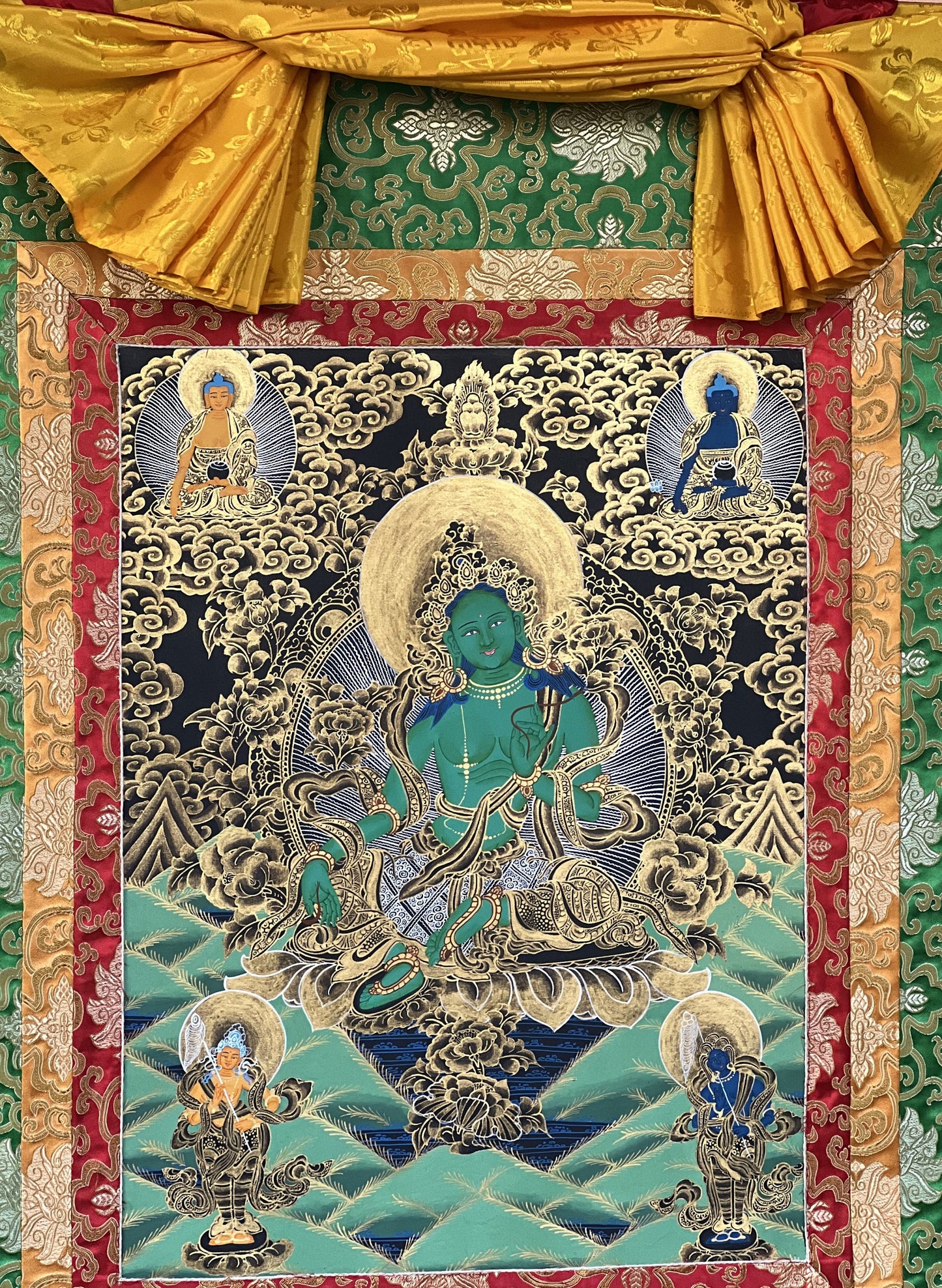 Green  Tara, Shyamatara,  Mother Goddess, Tibetan Thangka Painting, Original, Hand- painted,  Buddhist Art with Silk Brocade