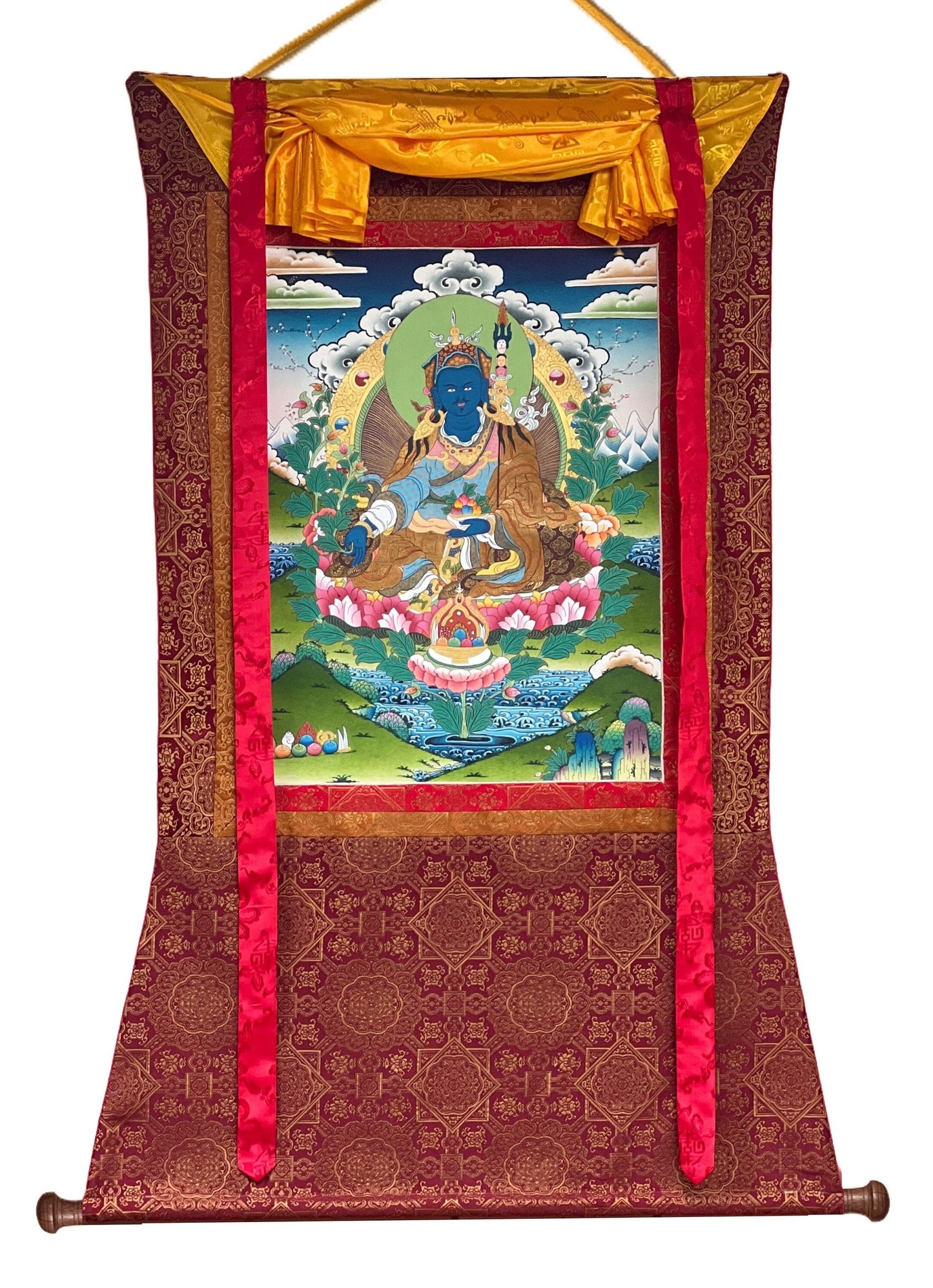 Guru Orgyen Menla/ Guru Rinpoche of Medicine  Masterpiece Gold Original Tibetan Thangka Painting with High - quality Silk Brocade