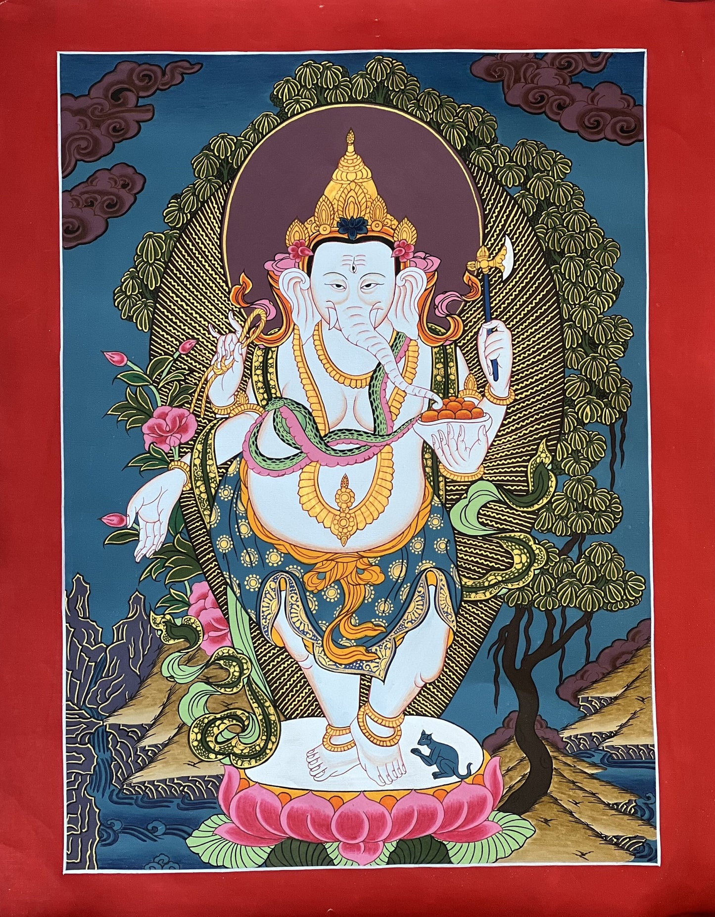 Lord Ganesha/ Ganesh/ Ganapati/ Vinayaka Remover of Obstacle Original Thangka Style Hand-Painting Painting/ Hindu Art