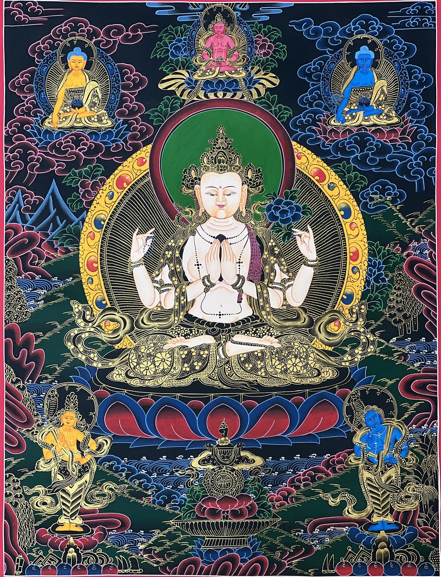 4 Armed, Chyangresi, Chenrezig, Avalokiteshvara, Master Quality, Tibetan Thangka Painting, Original Hand painted Art