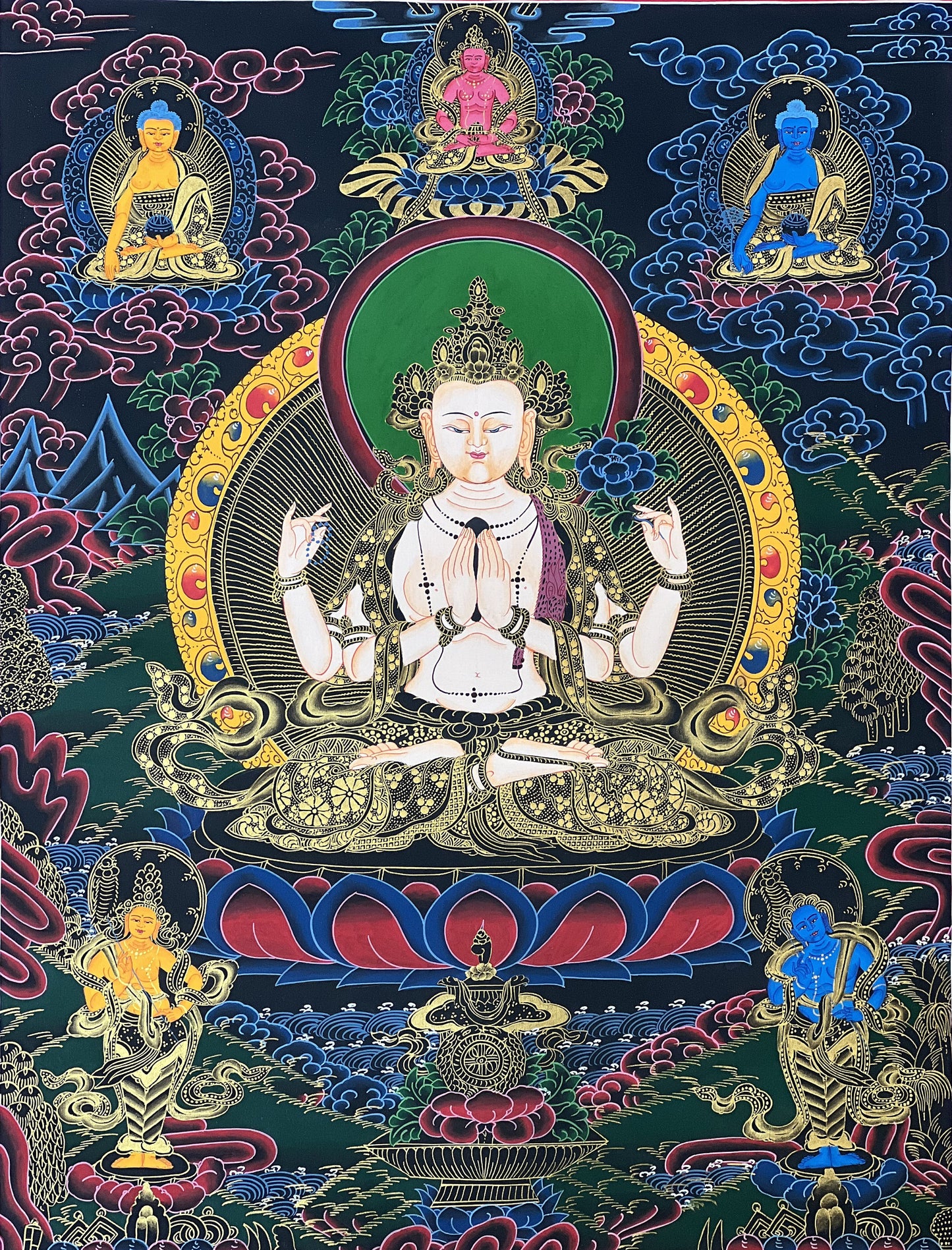 4 Armed, Chyangresi, Chenrezig, Avalokiteshvara, Master Quality, Tibetan Thangka Painting, Original Hand painted Art