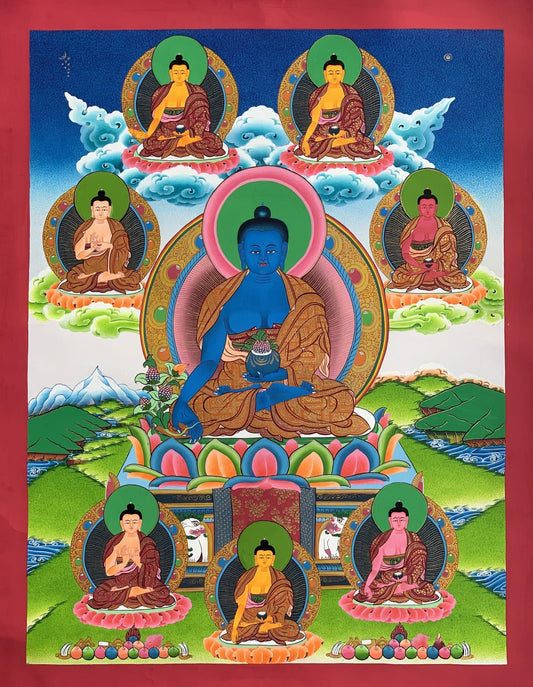 Original Hand Painted Masterpiece Eight Medicine Buddha/Eight Healing Buddha/Eight Buddha Brothers Tibetan Meditation Thangka  Painting