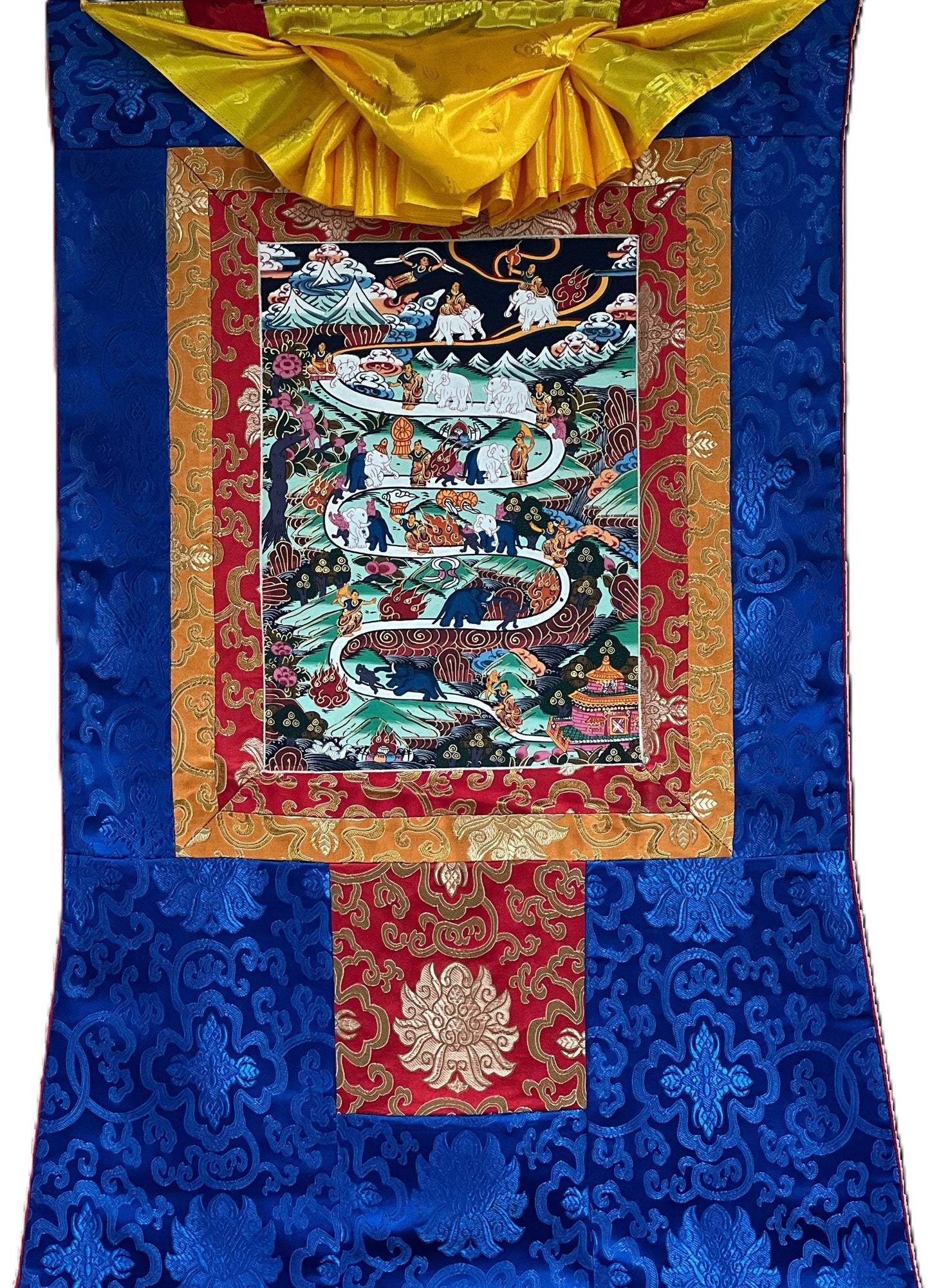 Hand Painted Samatha Nine Stages of Meditation Way to Heaven Way to Nirvana Tibetan Thangka Painting Original Art with Silk Frame