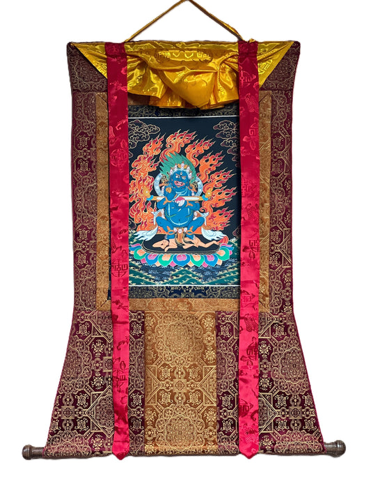 2 Armed Mahakala/ Mahankala / Kalavairava Masterpiece Tibetan Thangka Painting Original Art  with Silk Frame ( Brocade)