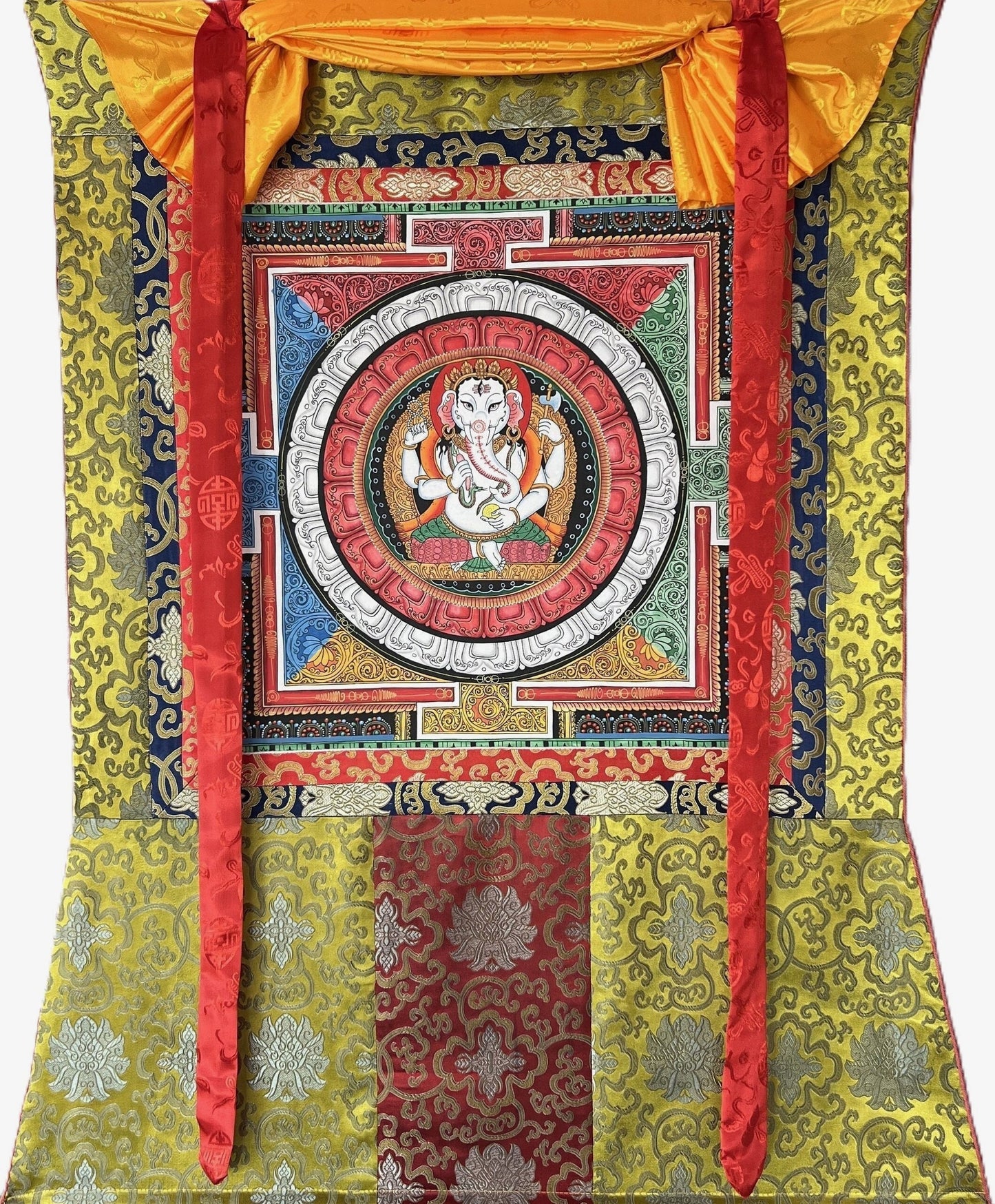 Lord Ganesha, Ganesh, Ganapati, Vinayaka in Sri Yantra, Thangka Painting, Original Art with Silk Brocade