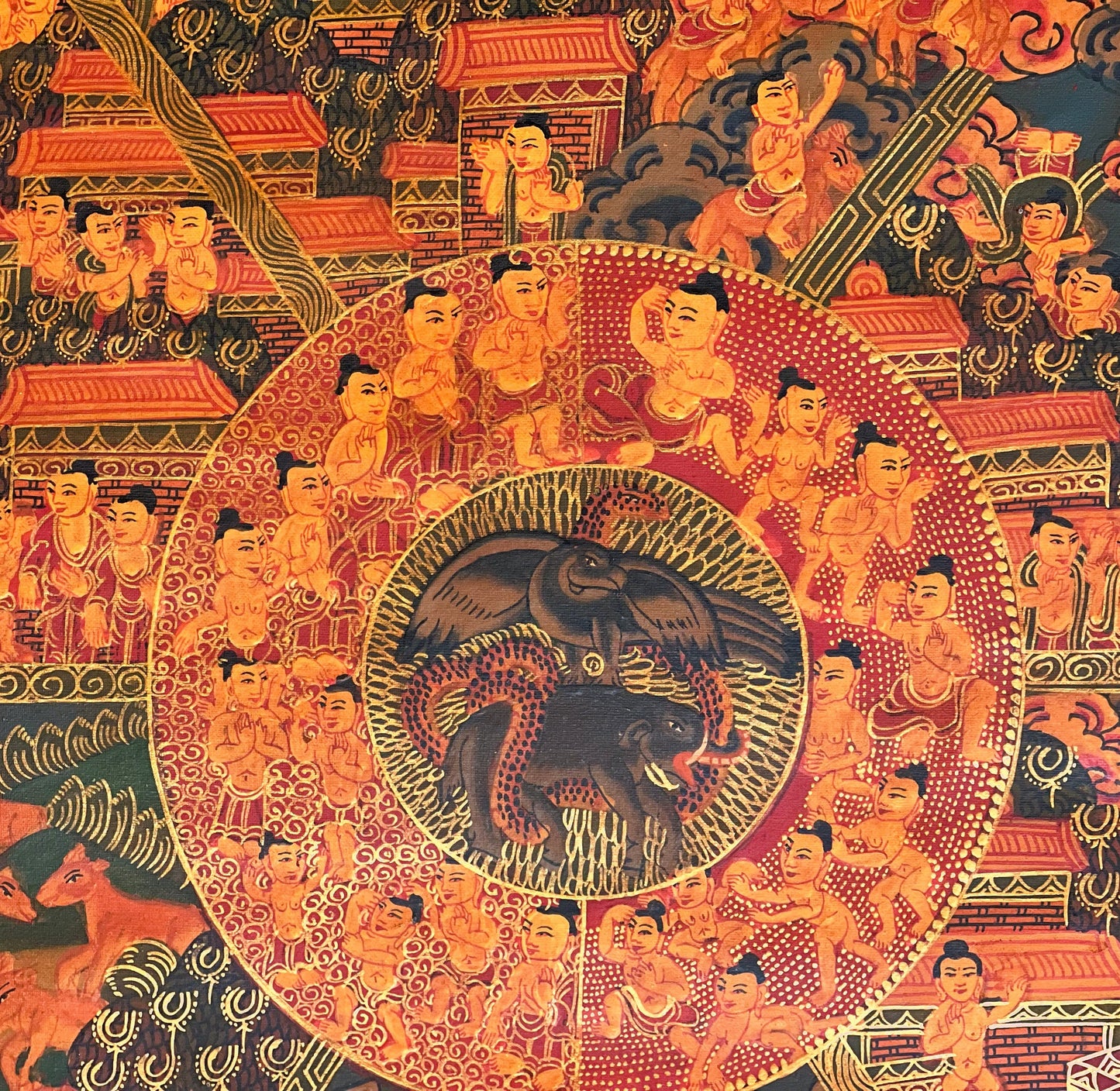 Large Masterpiece: Wheel of Life/Buddha Life/Riduk Mandala Original Oil-Varnished Tibetan Thangka Painting for Office, Home, and Shrine