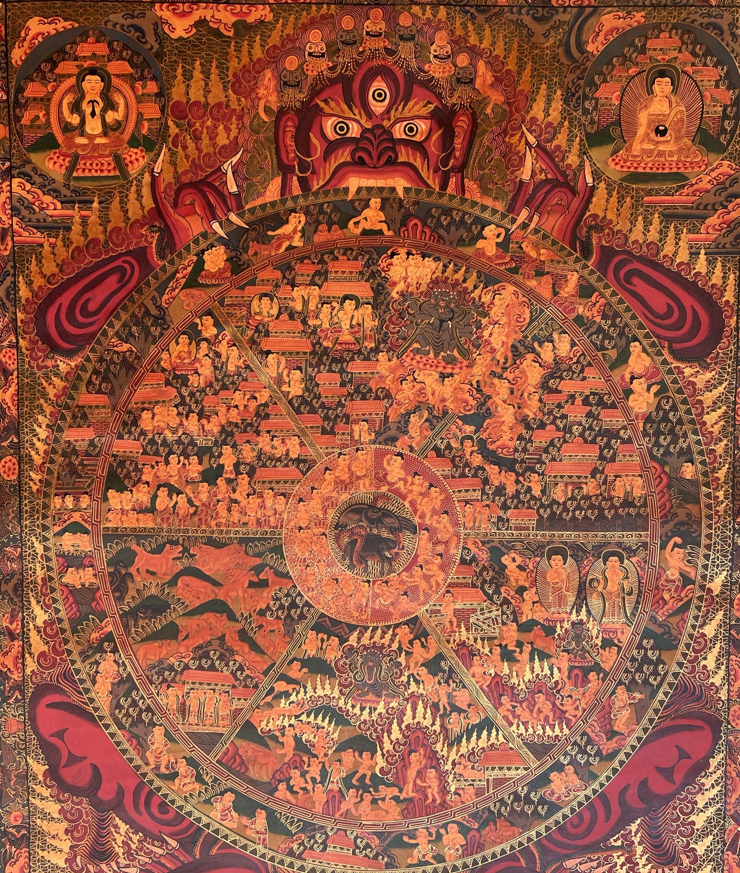 Large Masterpiece: Wheel of Life/Buddha Life/Riduk Mandala Original Oil-Varnished Tibetan Thangka Painting for Office, Home, and Shrine