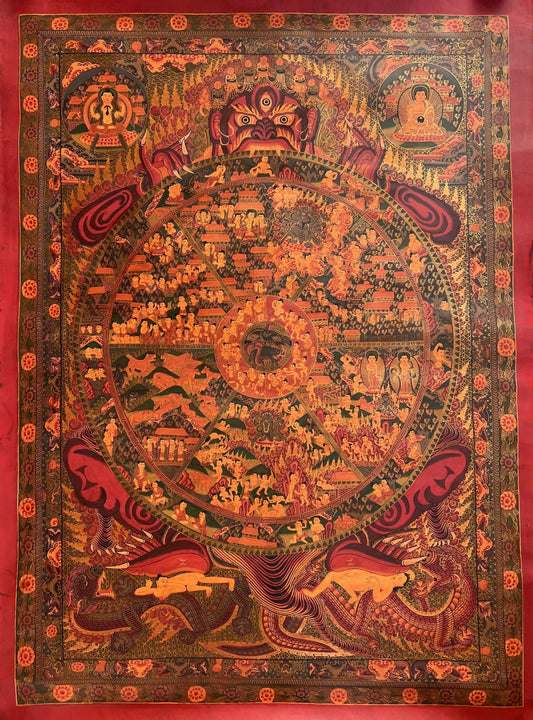 Large Masterpiece: Wheel of Life/Buddha Life/Riduk Mandala Original Oil-Varnished Tibetan Thangka Painting for Office, Home, and Shrine