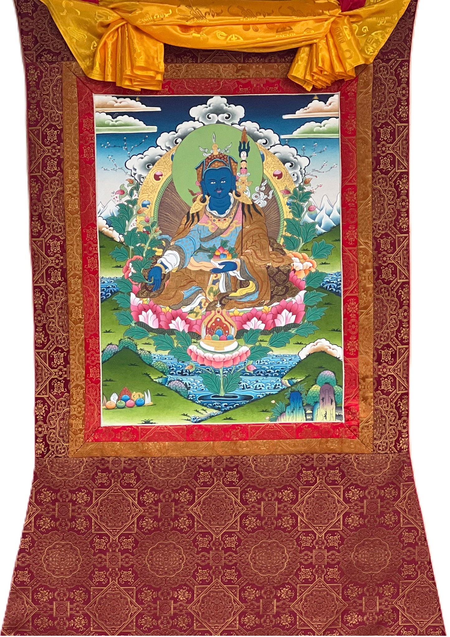 Guru Orgyen Menla/ Guru Rinpoche of Medicine  Masterpiece Gold Original Tibetan Thangka Painting with High - quality Silk Brocade