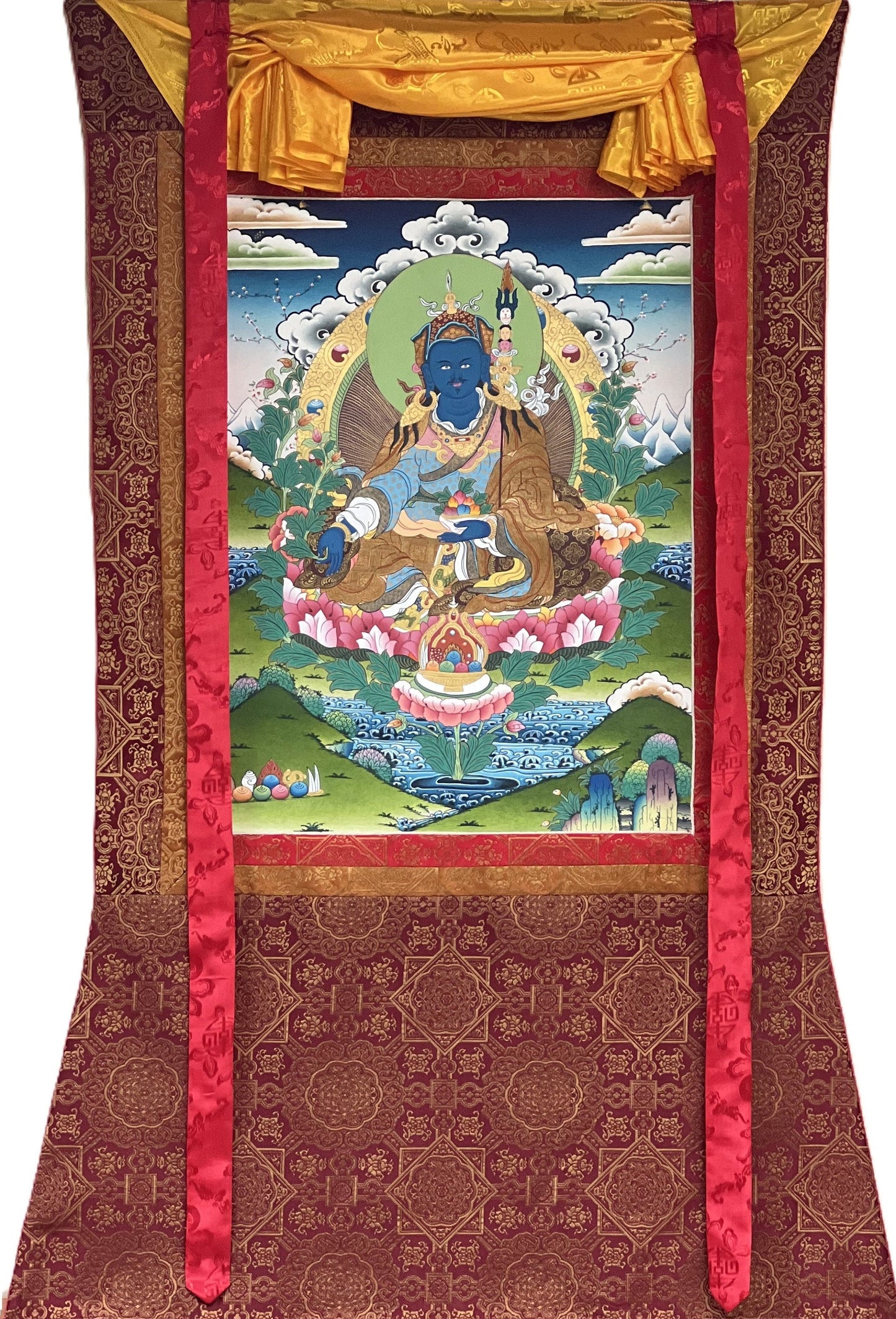 Guru Orgyen Menla/ Guru Rinpoche of Medicine  Masterpiece Gold Original Tibetan Thangka Painting with High - quality Silk Brocade