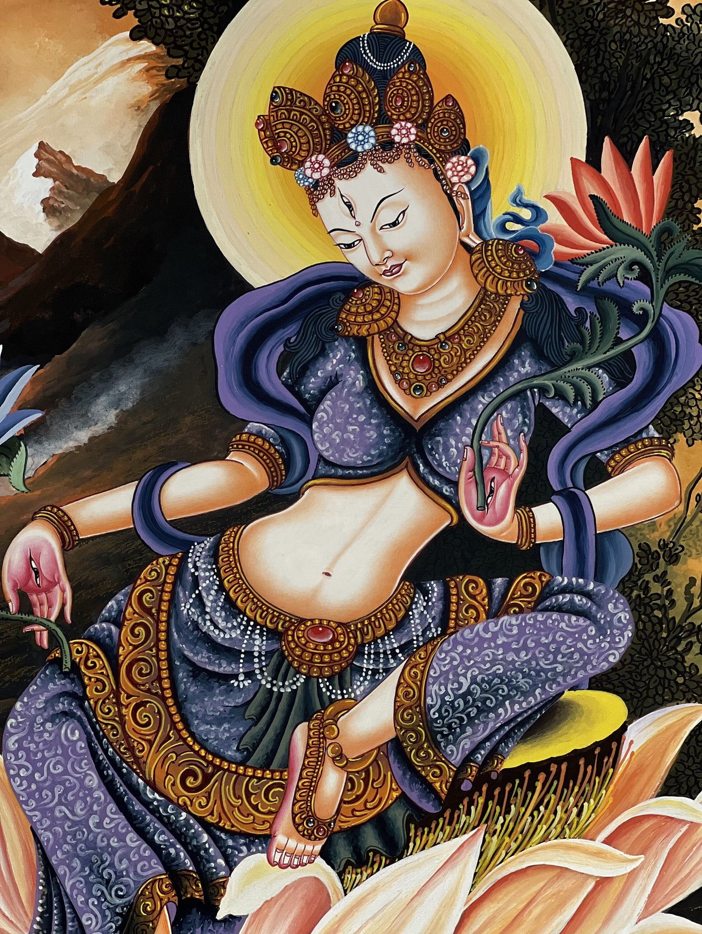 White Tara /Mother Tara / Goddess of Compassion Original High-Quality Masterpiece Newari Paubha/Pauva Thangka  Painting