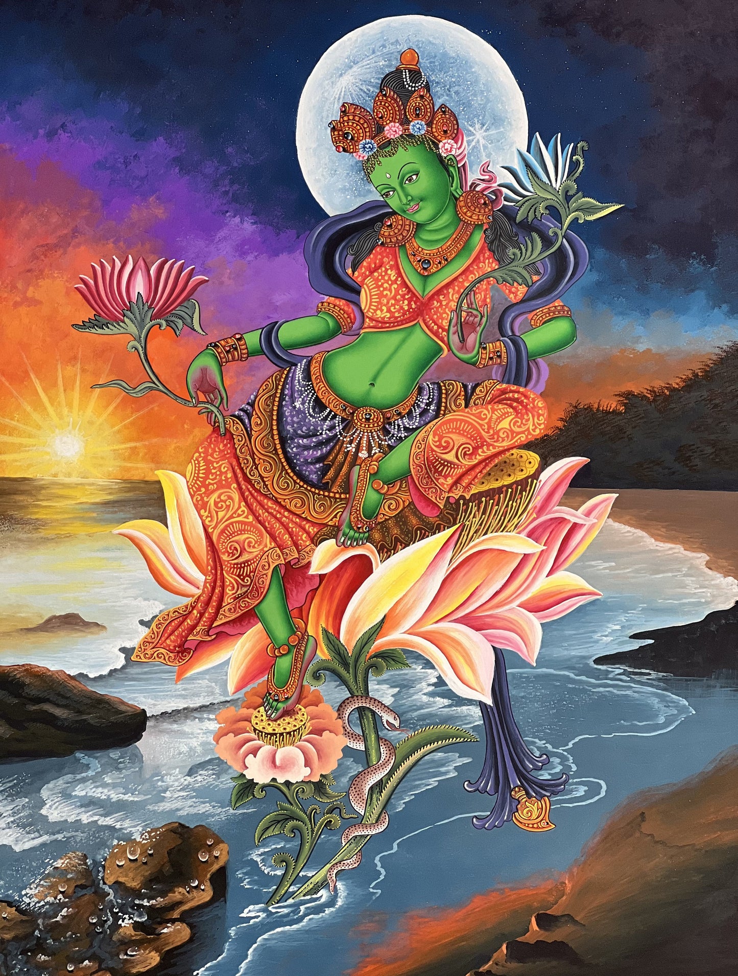 Green Tara/ Shyamatara Masterpiece Newari Paubha/Pauva Thangka Painting Original Hand-Painting Newari Art from Kathmandu valley