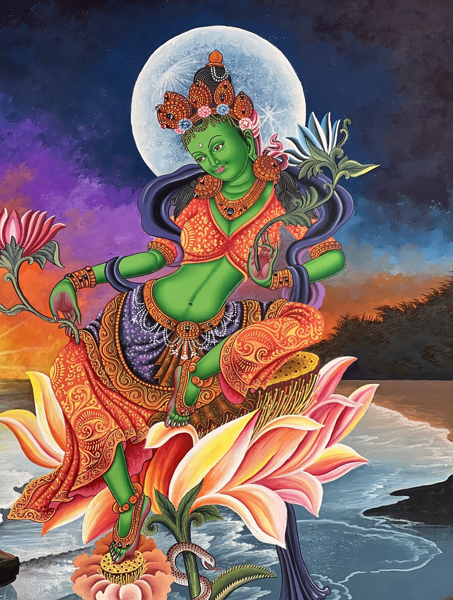 Green Tara/ Shyamatara Masterpiece Newari Paubha/Pauva Thangka Painting Original Hand-Painting Newari Art from Kathmandu valley