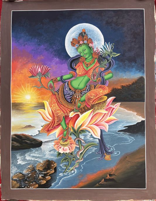 Green Tara/ Shyamatara Masterpiece Newari Paubha/Pauva Thangka Painting Original Hand-Painting Newari Art from Kathmandu valley