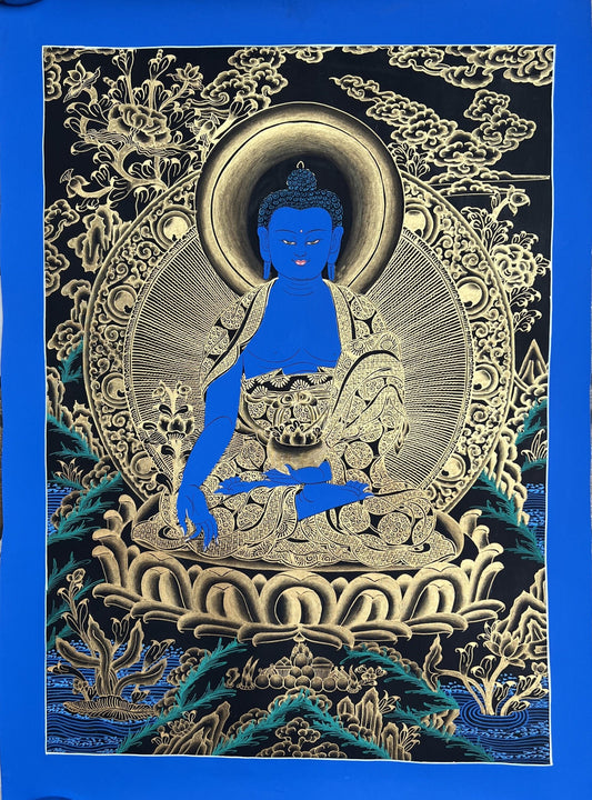 Bhaisajyaguru/  Medicine Buddha/ Divine Healer Original Masterpiece Tibetan Thangka Painting - Exemplary Buddhist Artistry