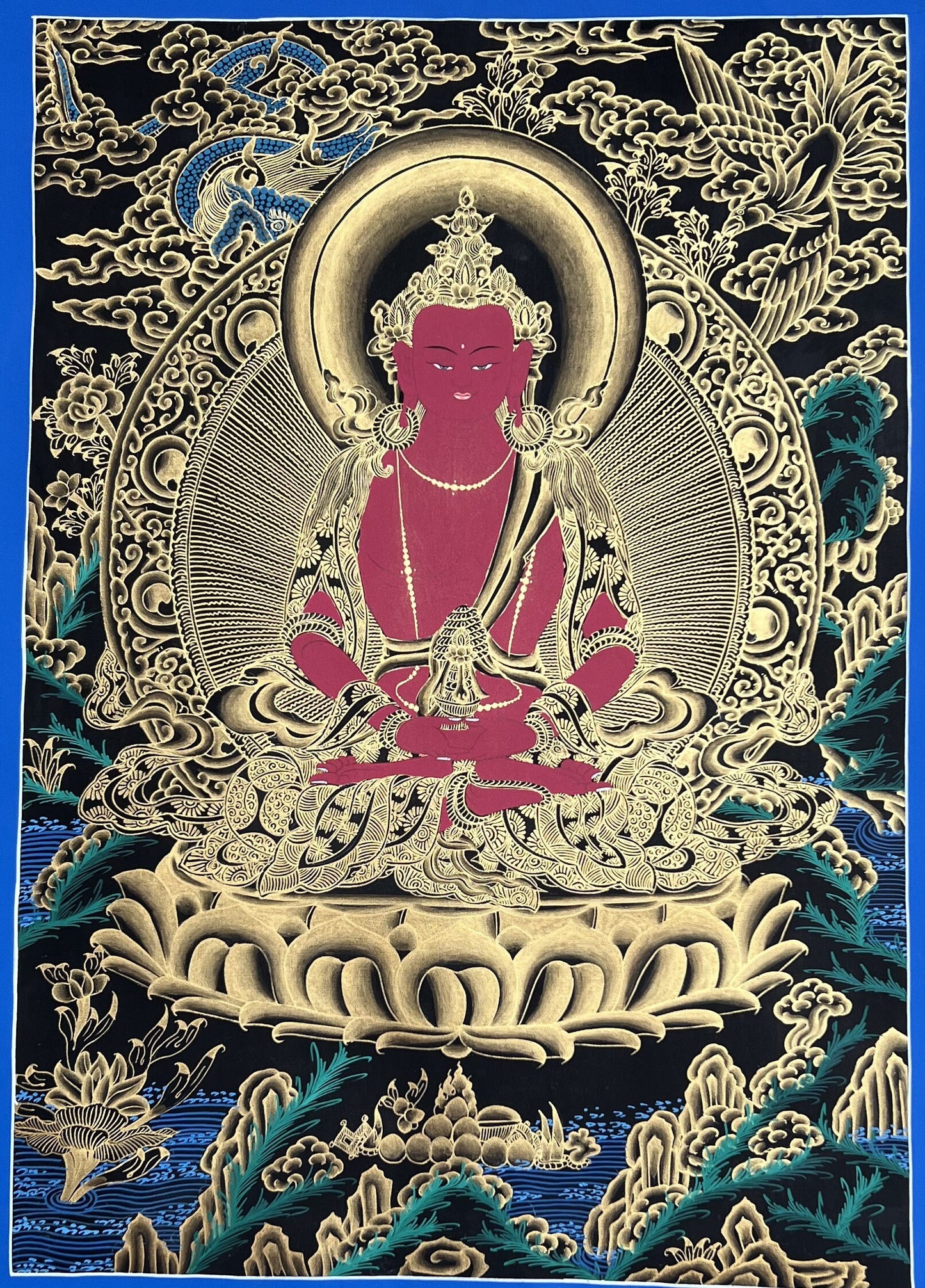 Amitayus/ Aparamita Original Master Quality Tibetan Thangka Painting - A Gateway to Pure Land Sukhavati/ Compassion Meditation Artistry