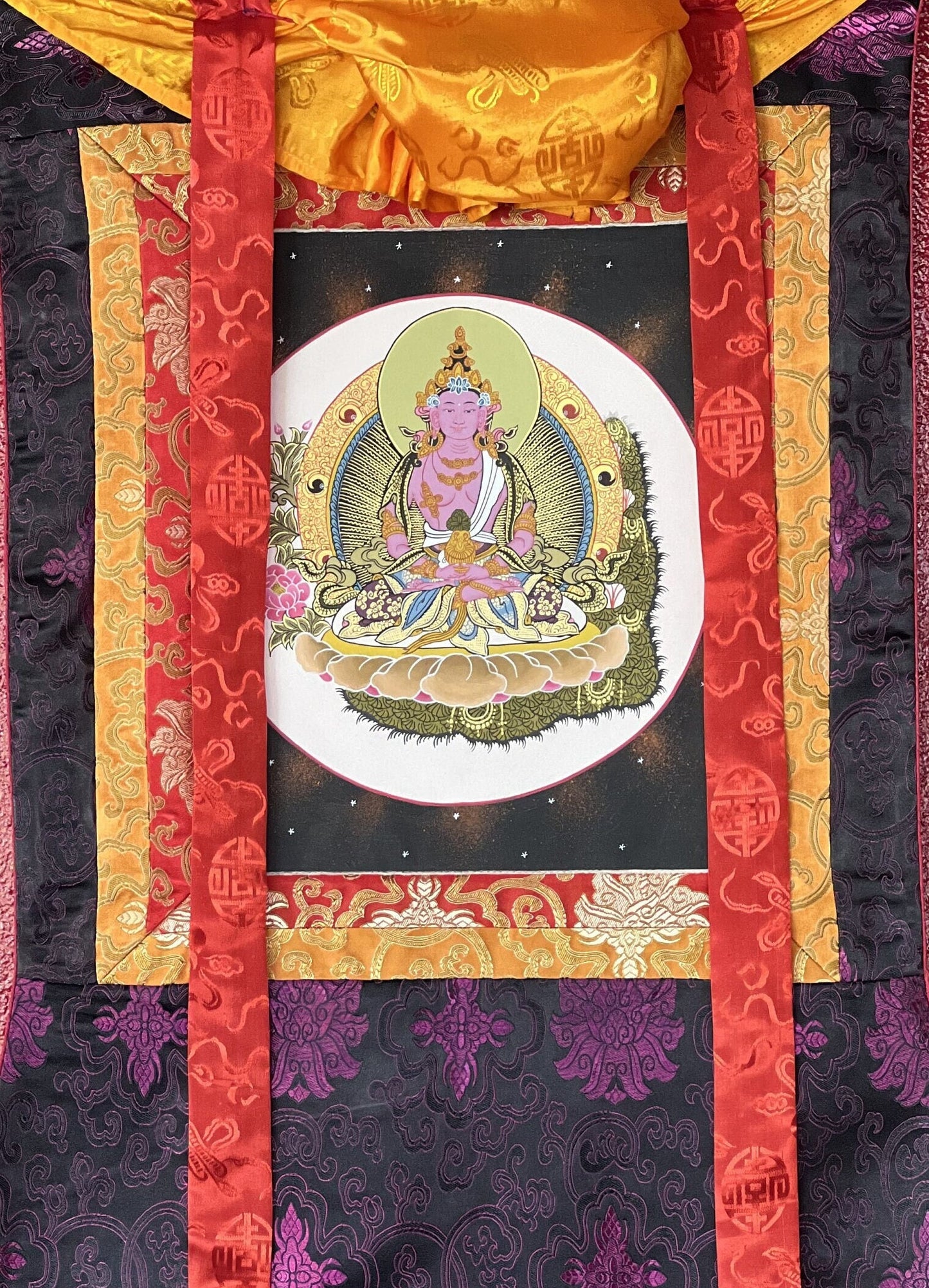 Original Hand Painted Amitayus/Amitabha Buddha/ Pure Land (Sukhavati)  Tibetan Thangka Painting/ Wall Hanging with Silk Brocade