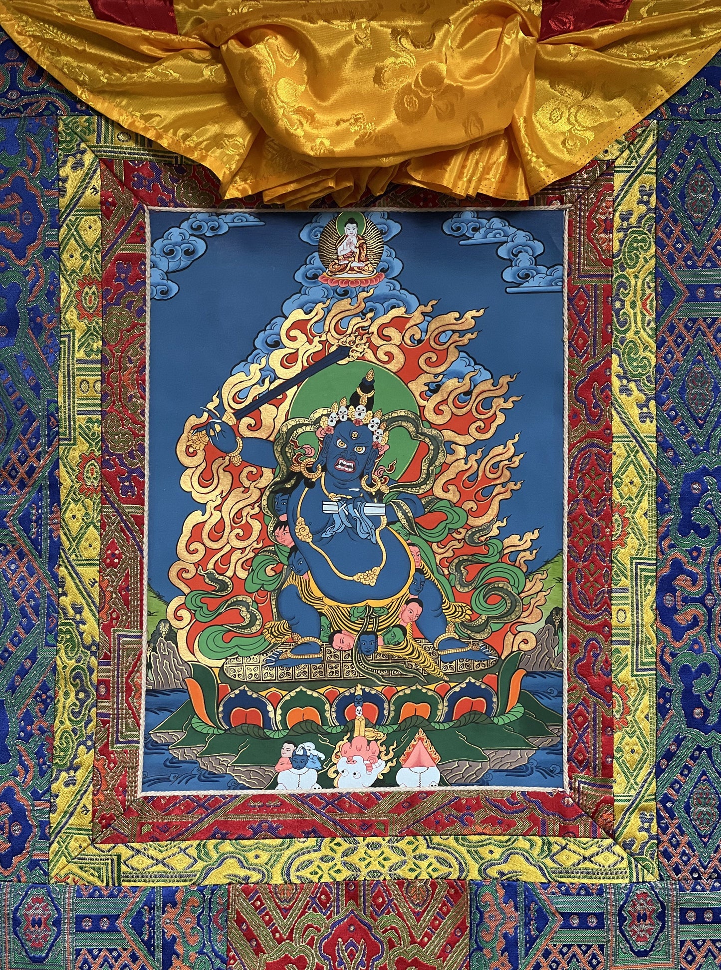 Black Manjushri/Jampel Nagpo/ Krishna Manjushri Thangka Painting/ Original Hand Painting/ Buddhist Art with Premium Silk Brocade