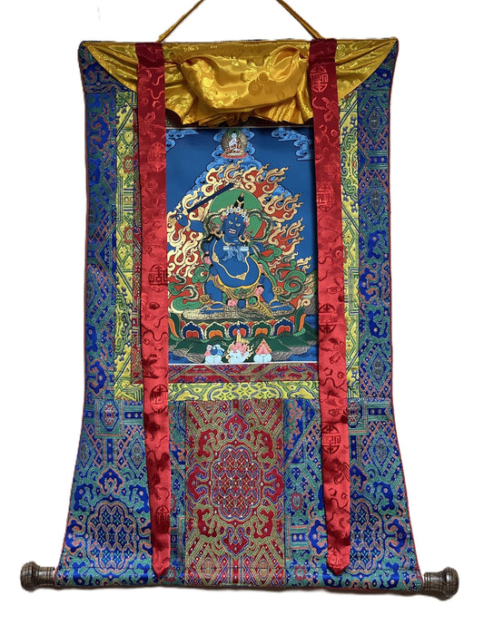 Black Manjushri/Jampel Nagpo/ Krishna Manjushri Thangka Painting/ Original Hand Painting/ Buddhist Art with Premium Silk Brocade