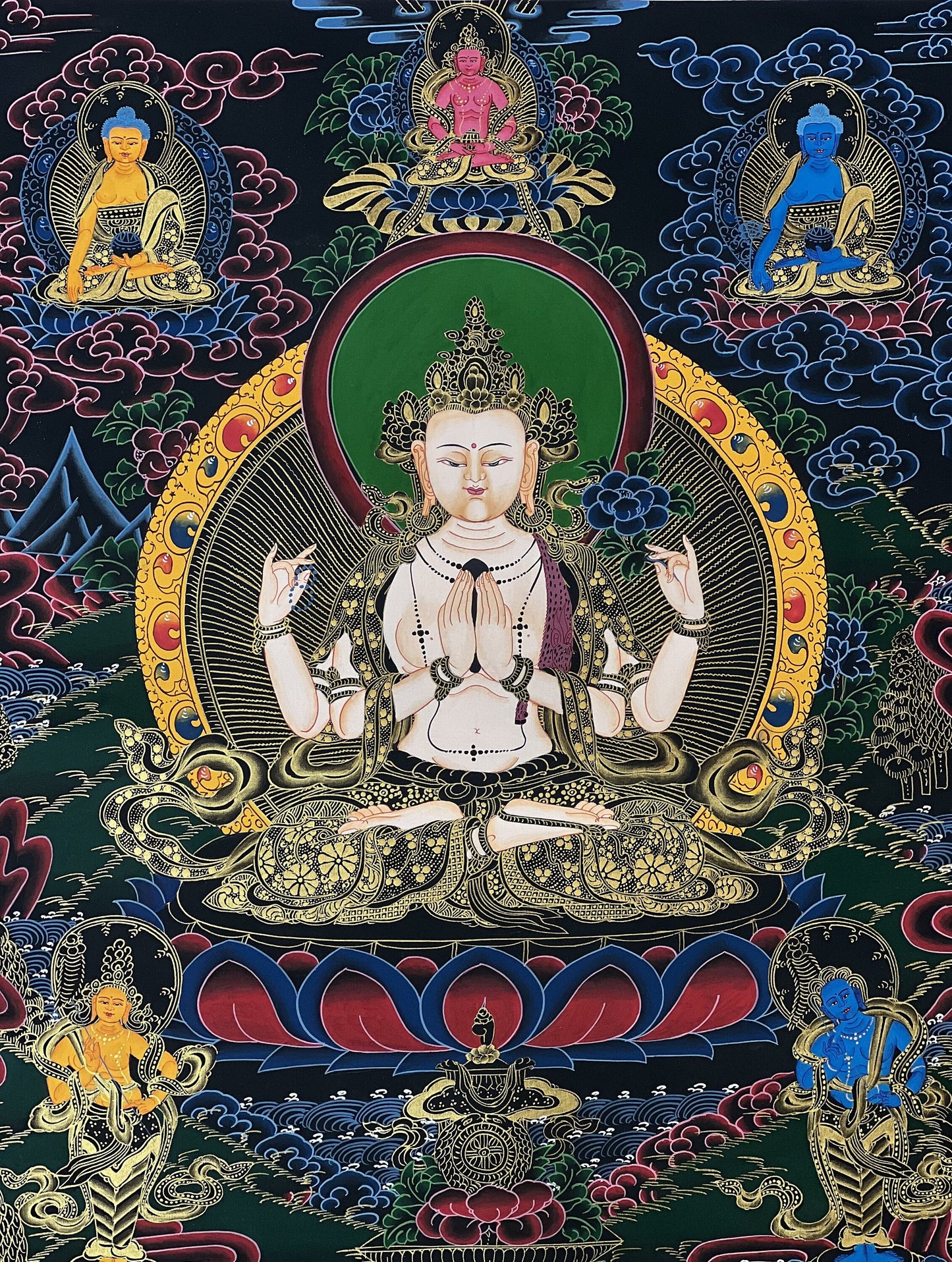 4 Armed, Chyangresi, Chenrezig, Avalokiteshvara, Master Quality, Tibetan Thangka Painting, Original Hand painted Art