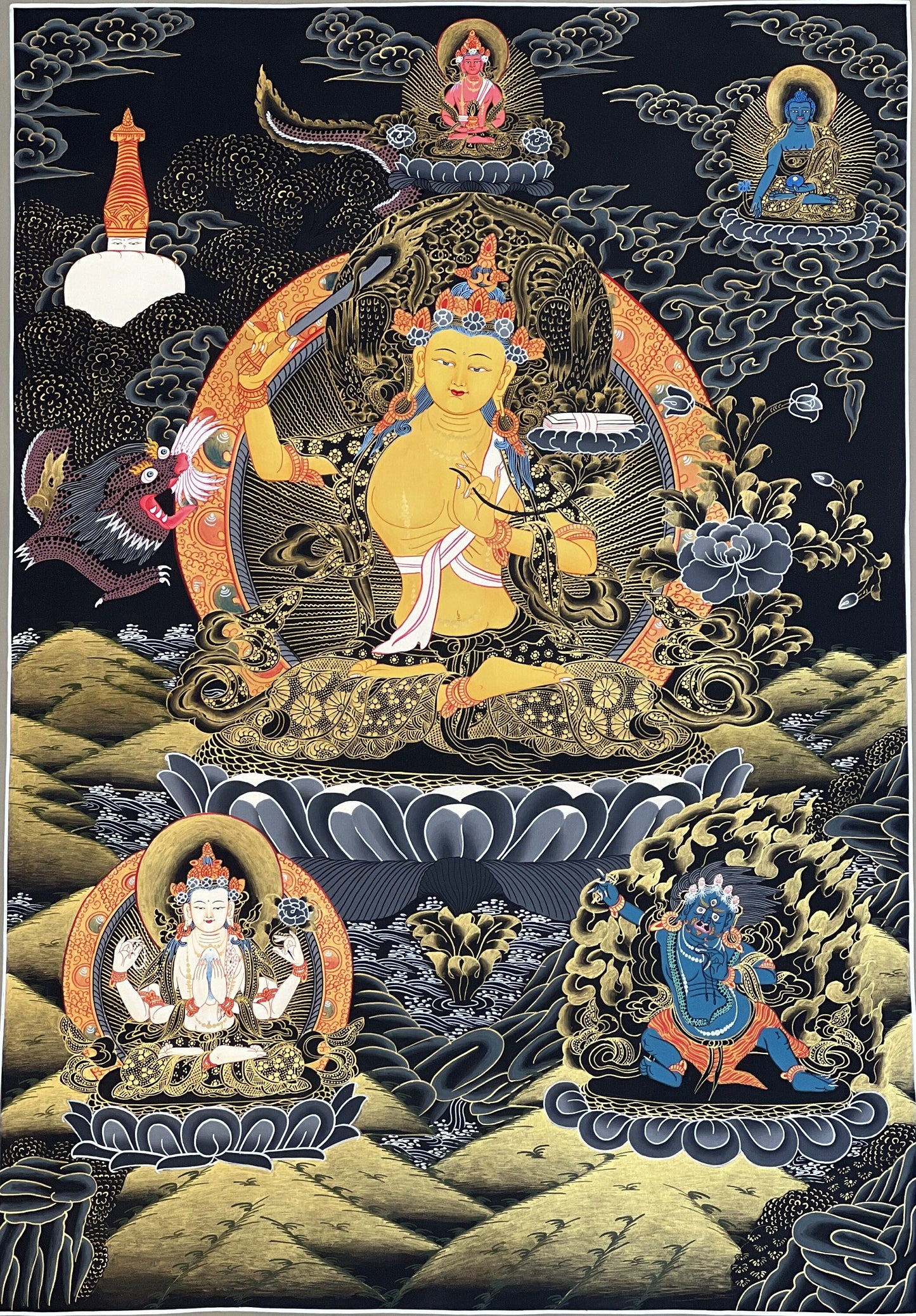 Manjushri/ Manjusri,/Manjushree Master Quality Hand-painted Original Tibetan Thangka Compassion Meditation Art  21 x 27- Inch