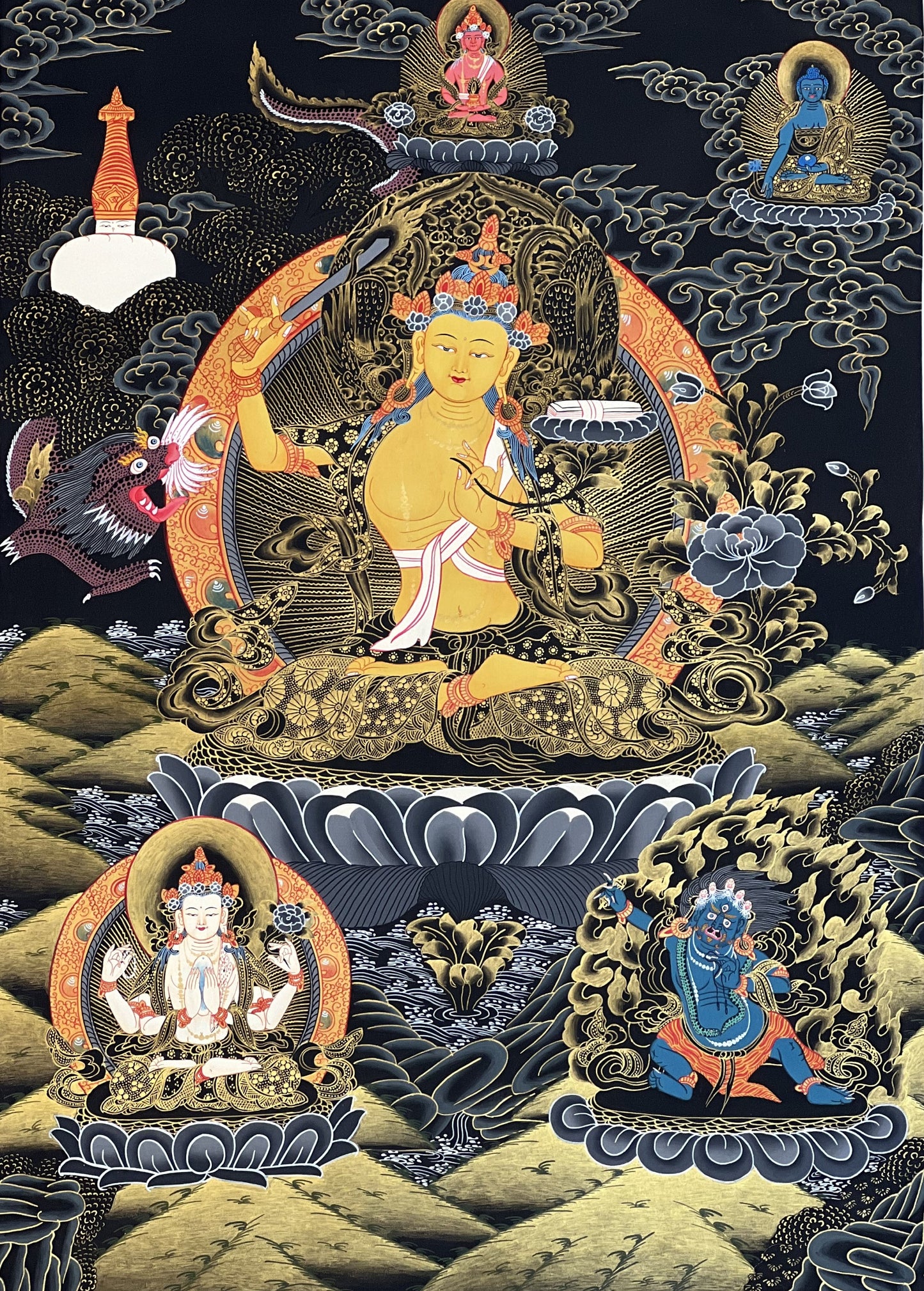 Manjushri/ Manjusri,/Manjushree Master Quality Hand-painted Original Tibetan Thangka Compassion Meditation Art  21 x 27- Inch