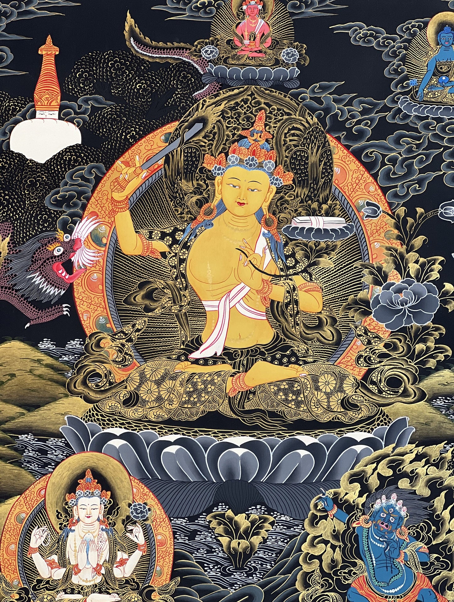 Manjushri/ Manjusri,/Manjushree Master Quality Hand-painted Original Tibetan Thangka Compassion Meditation Art  21 x 27- Inch