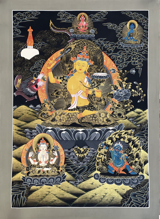 Manjushri/ Manjusri,/Manjushree Master Quality Hand-painted Original Tibetan Thangka Compassion Meditation Art  21 x 27- Inch