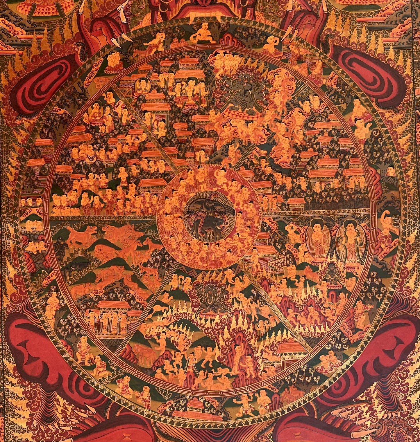 Large Masterpiece: Wheel of Life/Buddha Life/Riduk Mandala Original Oil-Varnished Tibetan Thangka Painting for Office, Home, and Shrine