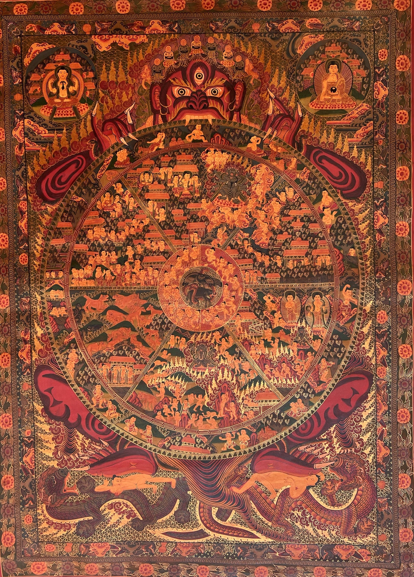 Large Masterpiece: Wheel of Life/Buddha Life/Riduk Mandala Original Oil-Varnished Tibetan Thangka Painting for Office, Home, and Shrine