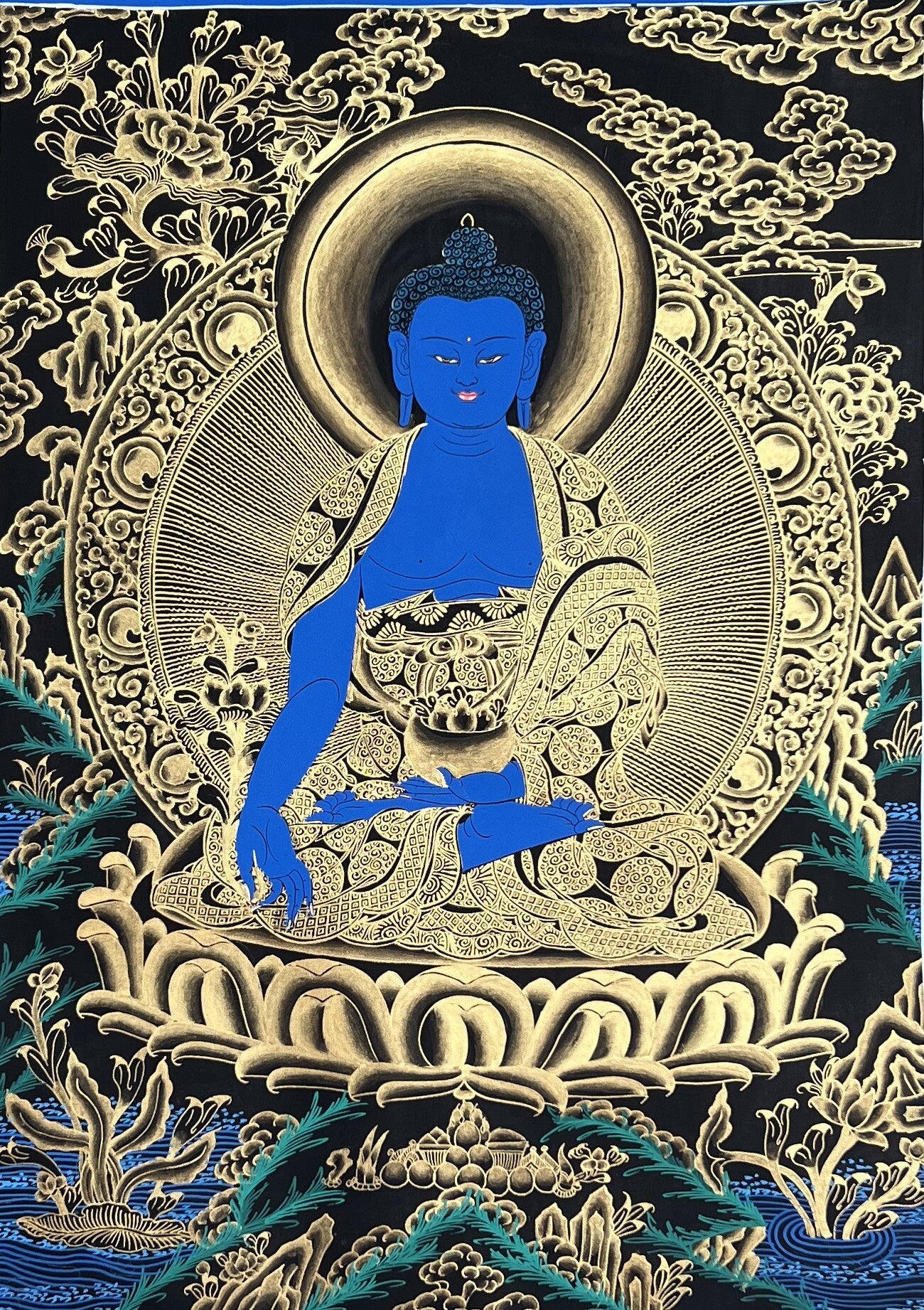 Bhaisajyaguru/  Medicine Buddha/ Divine Healer Original Masterpiece Tibetan Thangka Painting - Exemplary Buddhist Artistry