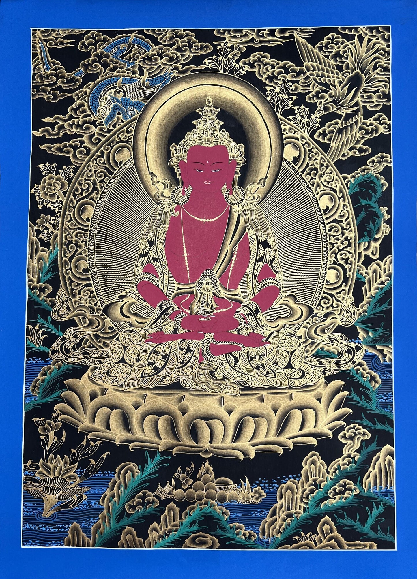 Amitayus/ Aparamita Original Master Quality Tibetan Thangka Painting - A Gateway to Pure Land Sukhavati/ Compassion Meditation Artistry