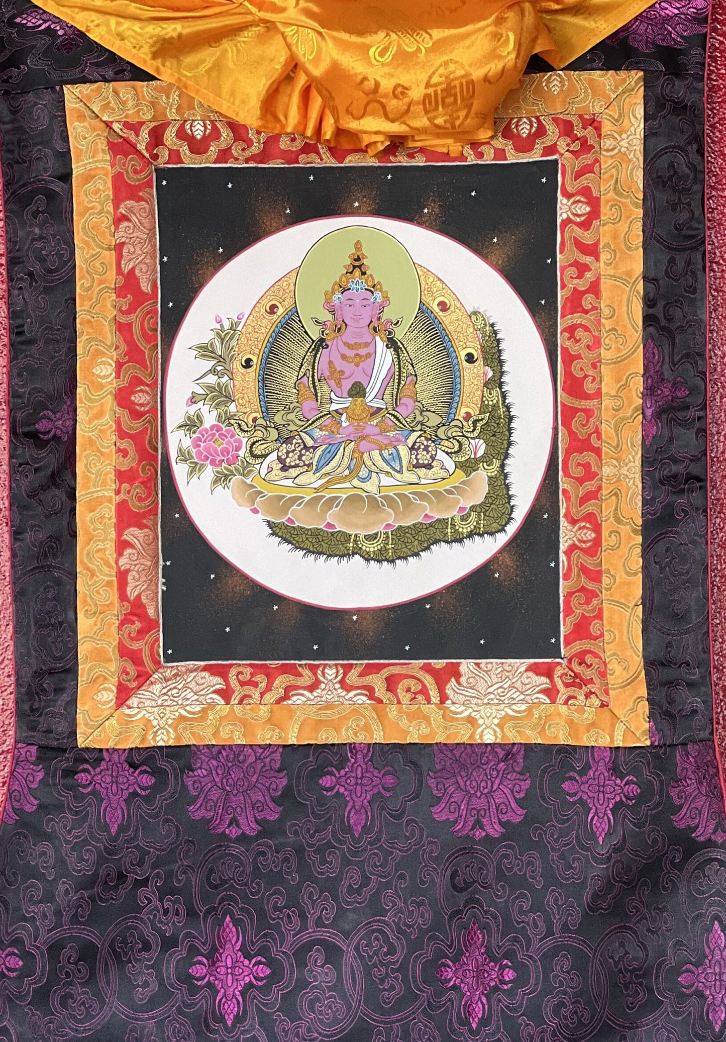 Original Hand Painted Amitayus/Amitabha Buddha/ Pure Land (Sukhavati)  Tibetan Thangka Painting/ Wall Hanging with Silk Brocade