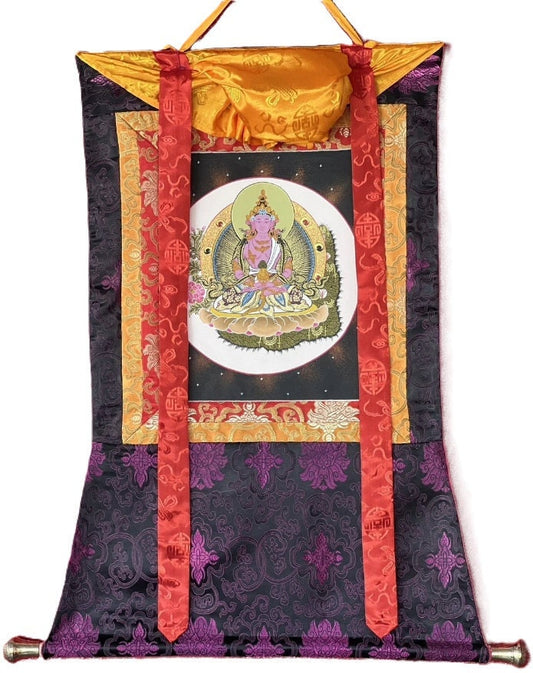 Original Hand Painted Amitayus/Amitabha Buddha/ Pure Land (Sukhavati)  Tibetan Thangka Painting/ Wall Hanging with Silk Brocade