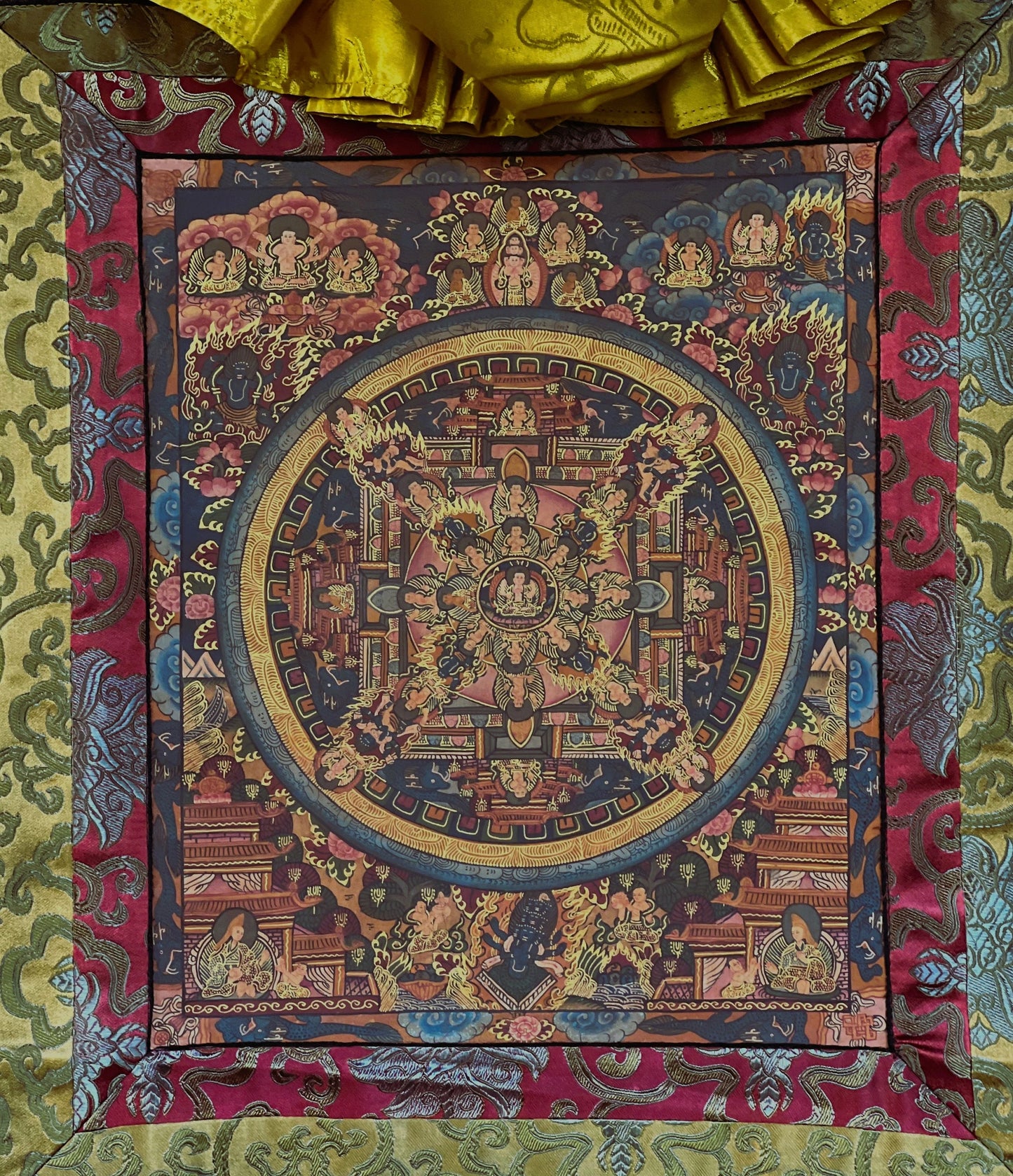 Buddha Life  AVALOKITESGVARA Mandala Old Oil Varnished Tibetan Thangka Painting, Original Art  with Silk Brocade