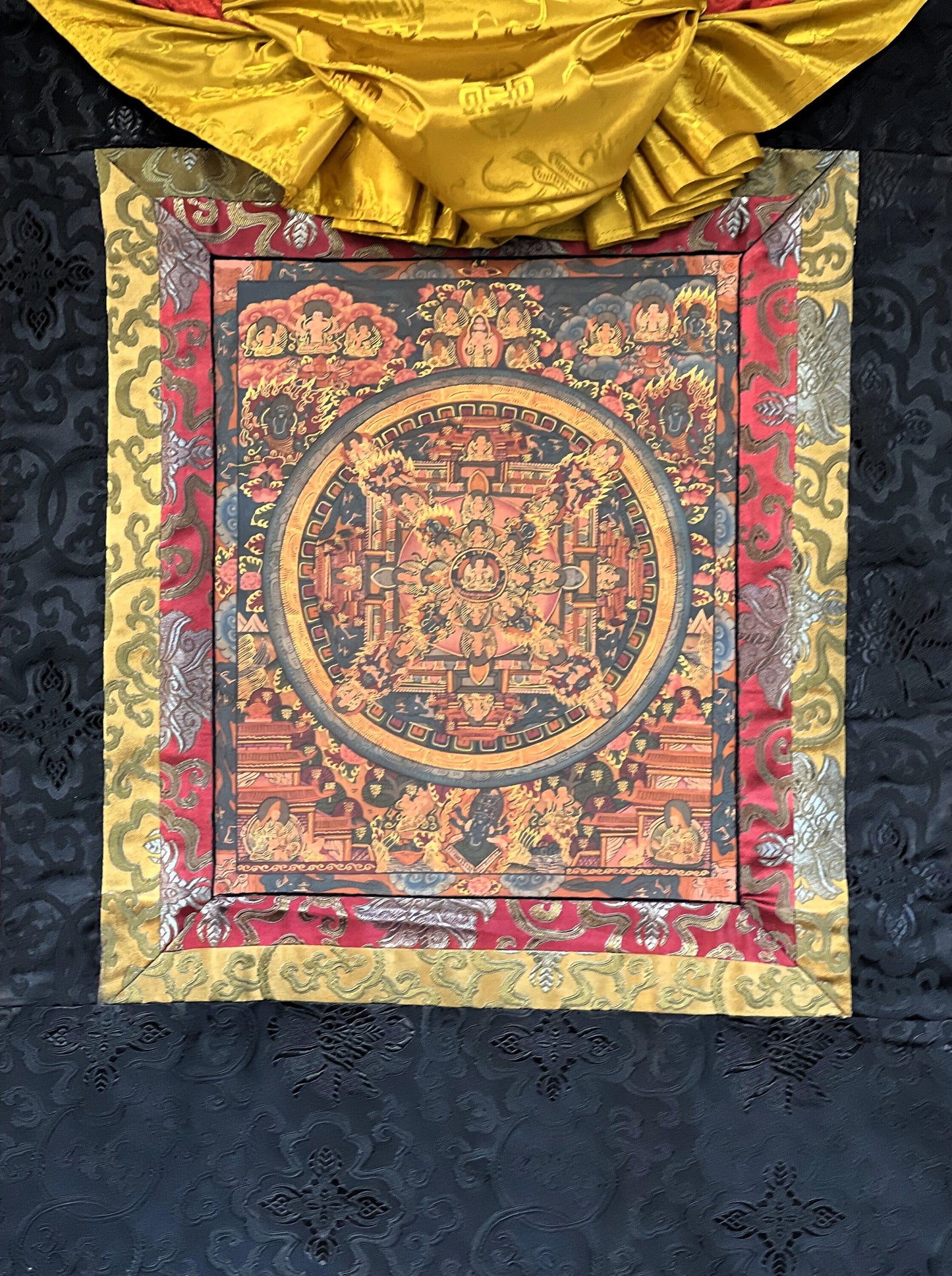 Buddha Life  AVALOKITESGVARA Mandala Old Oil Varnished Tibetan Thangka Painting, Original Art  with Silk Brocade