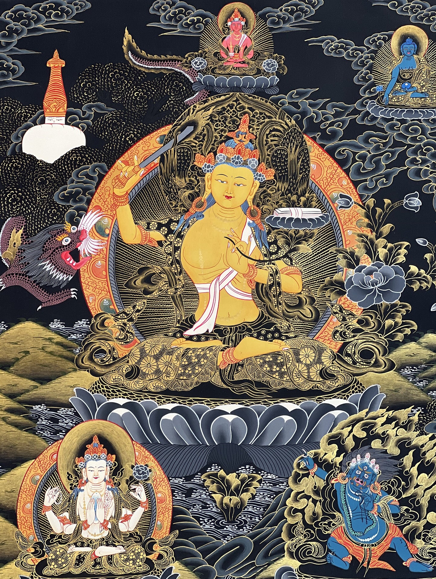 Manjushri/ Manjusri,/Manjushree Master Quality Hand-painted Original Tibetan Thangka Compassion Meditation Art  21 x 27- Inch