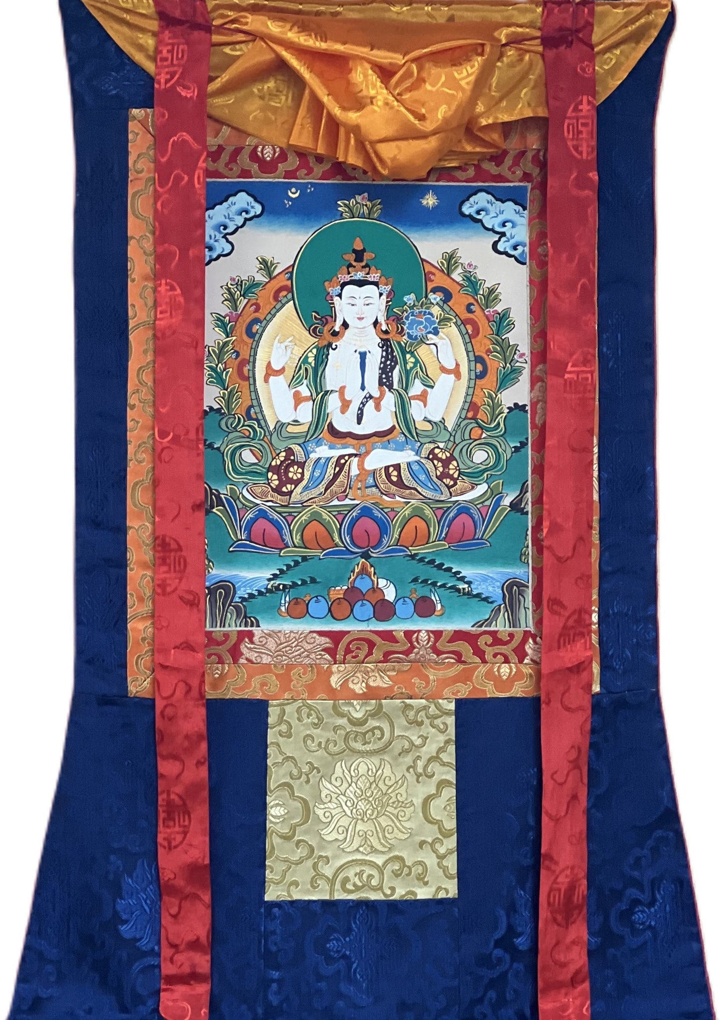 4 Armed Avalokiteshvara, Chyangresi, Chenrezig, Original Tibetan Thangka Painting/Hand Painting with Silk Brocade