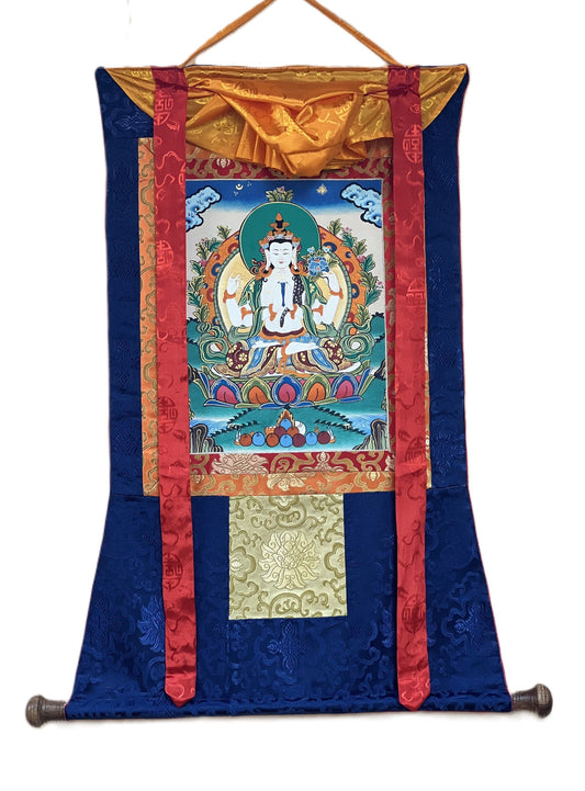 4 Armed Avalokiteshvara, Chyangresi, Chenrezig, Original Tibetan Thangka Painting/Hand Painting with Silk Brocade