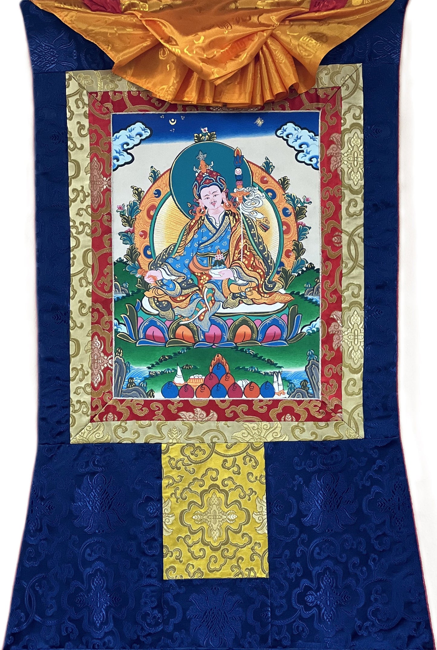 Padmasambhava/Guru Rinpoche Masterpiece Original Tibetan Thangka Painting Buddhist Art with Premium Silk Brocade