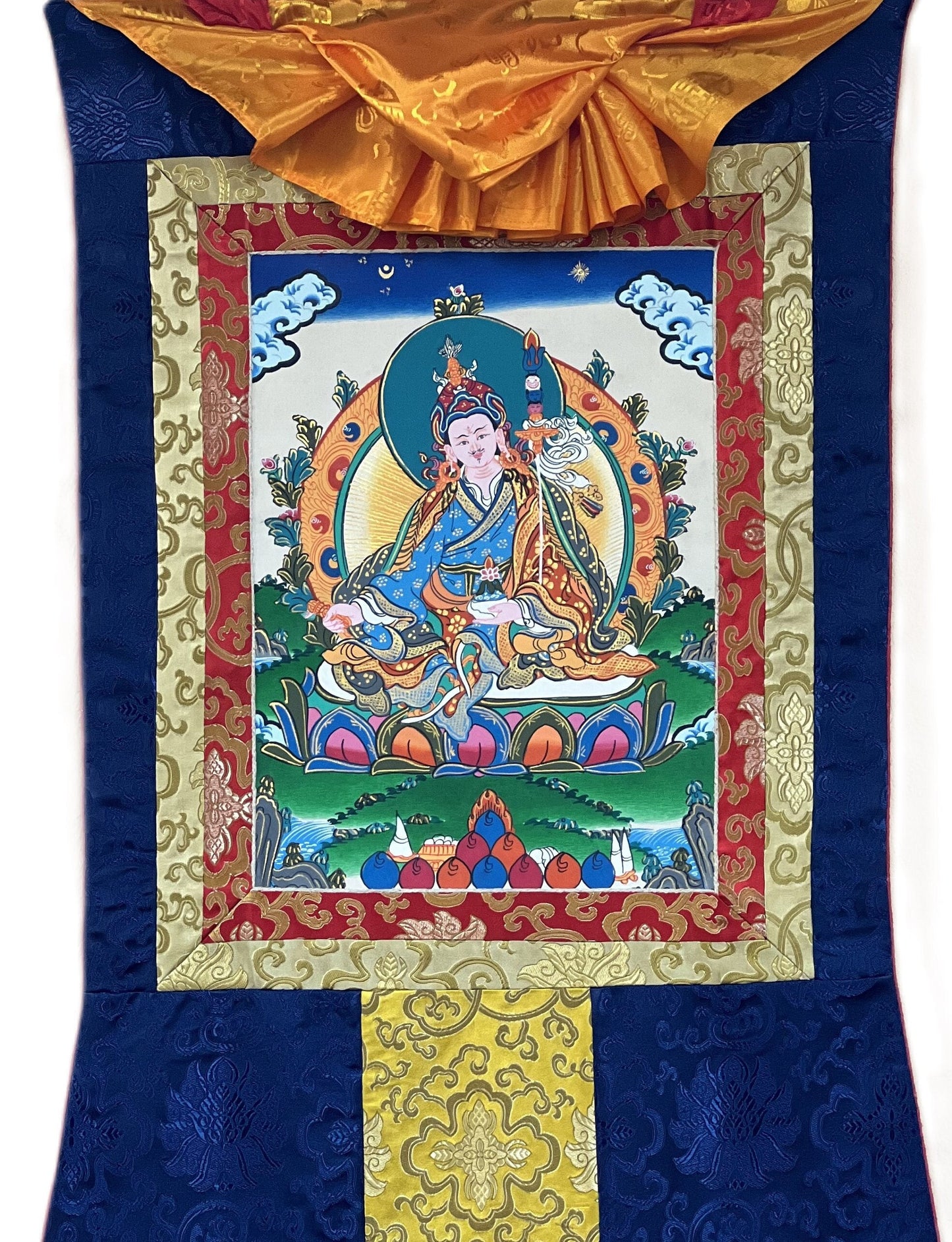 Padmasambhava/Guru Rinpoche Masterpiece Original Tibetan Thangka Painting Buddhist Art with Premium Silk Brocade