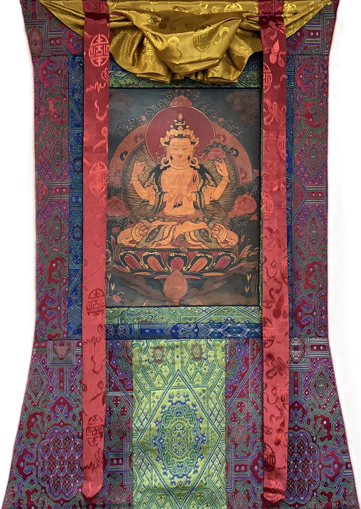 4-Armed Avalokiteshvara/Chenrezig Old- Oil Varnished Tibetan Thangka Painting/ Original hand-painted Buddhist art with Silk Brocade