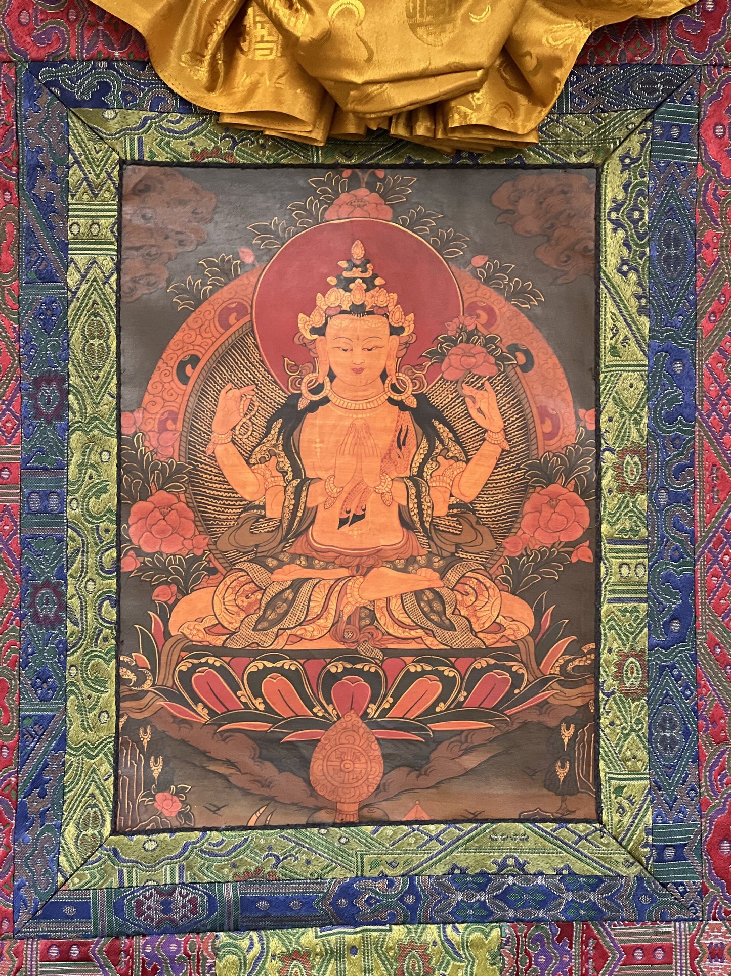 4-Armed Avalokiteshvara/Chenrezig Old- Oil Varnished Tibetan Thangka Painting/ Original hand-painted Buddhist art with Silk Brocade