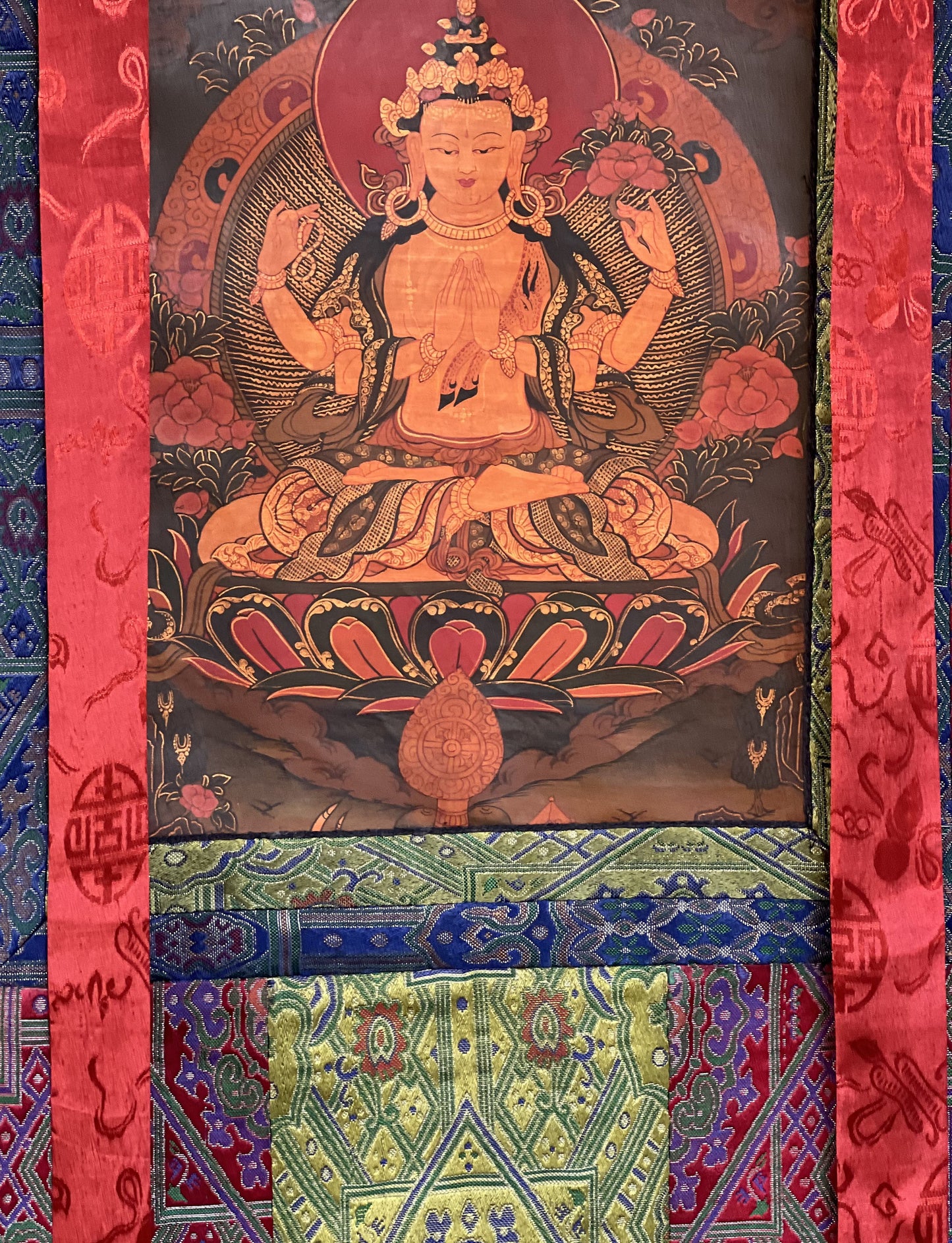 4-Armed Avalokiteshvara/Chenrezig Old- Oil Varnished Tibetan Thangka Painting/ Original hand-painted Buddhist art with Silk Brocade