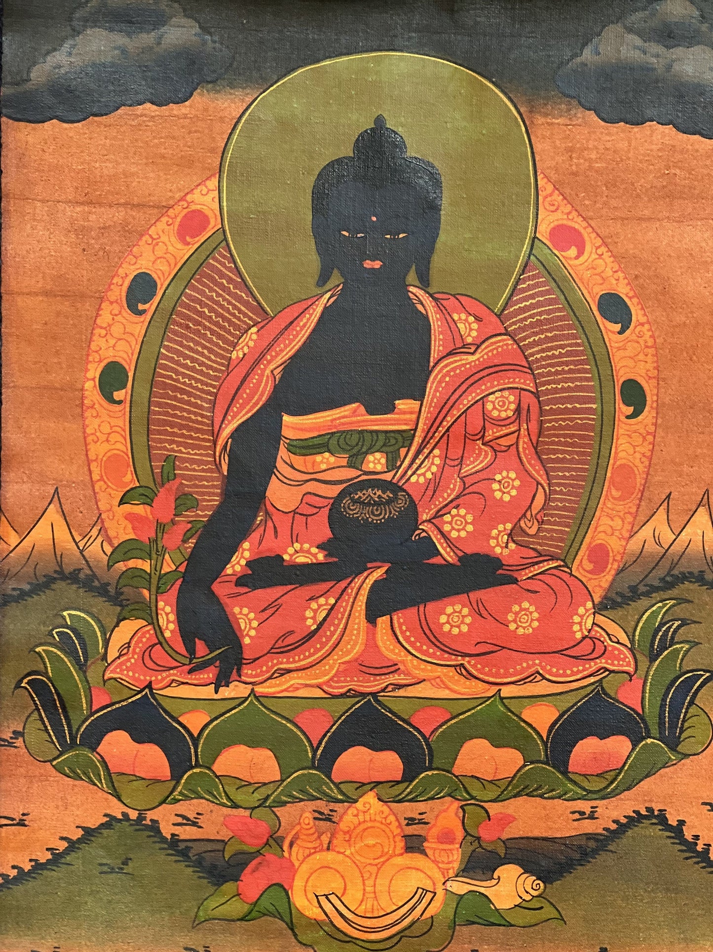 Bhaisajyaguru Medicine Buddha Oil- Varnished Old Tibetan Thangka Painting Original Art  with Silk Border